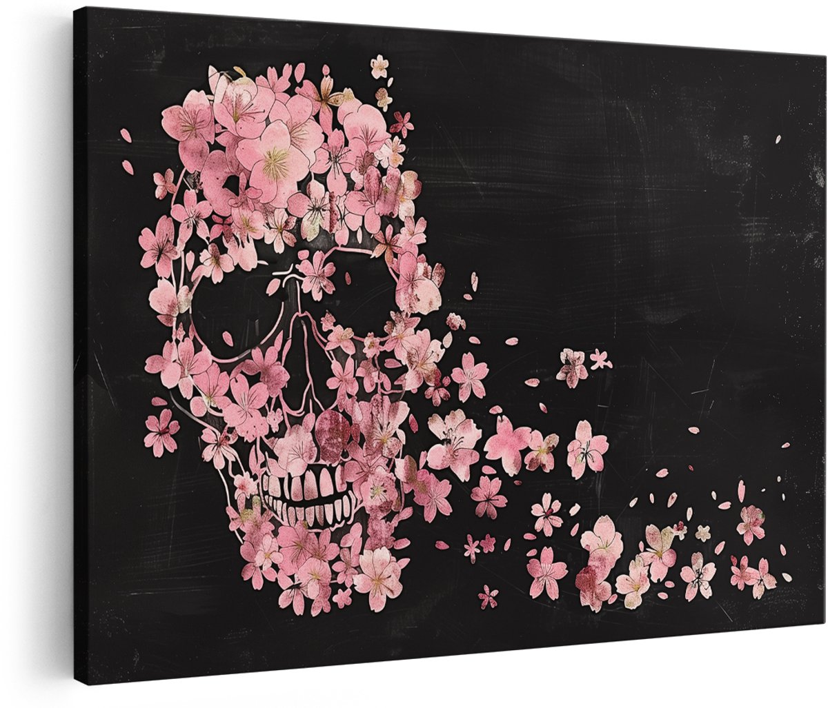 Artaza Canvas Schilderij Schedel met Roze Bloemen op een Zwarte Achtergrond - 150x100 cm - Groot - Wanddecoratie Woonkamer - Schilderijen - Muurdecoratie