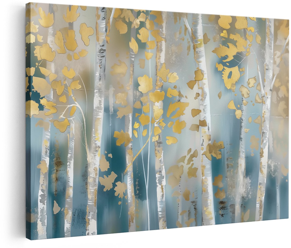 Artaza Canvas Schilderij Berkenbomen met Bladgoud - 150x100 cm - Groot - Wanddecoratie Woonkamer - Schilderijen - Muurdecoratie