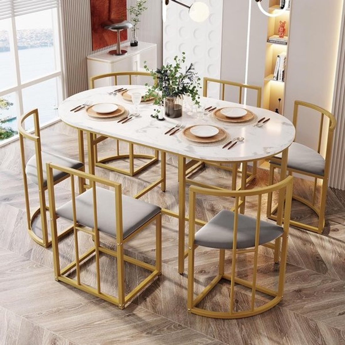 Landelijke Eettafelset met Zes Stoelen, Wit Tafelblad en Grijze Bekleding