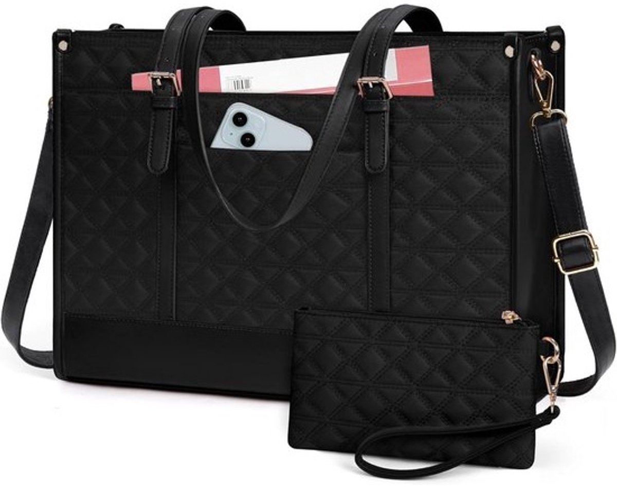 Veganistische Laptoptas voor Vrouwen 15,6 inch - Stijlvolle Gewatteerde Dames Aktetas met Clutch Portemonnee