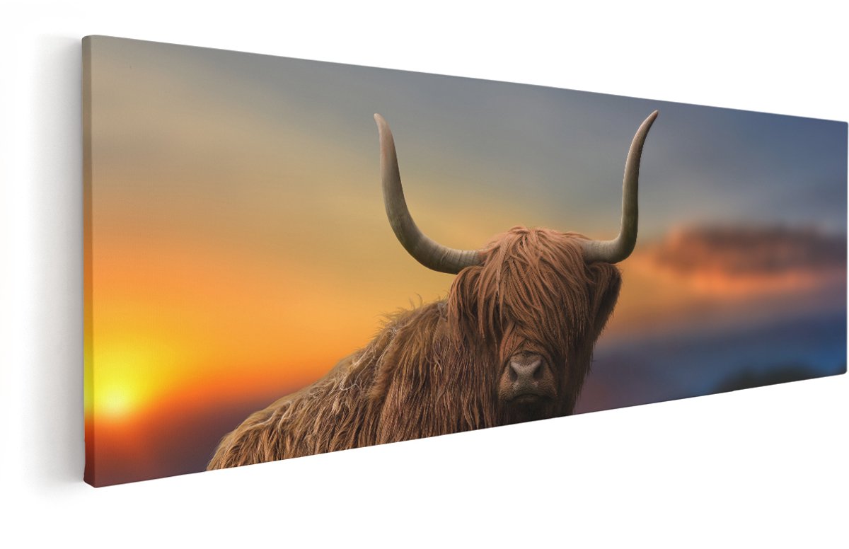 Artaza Canvas Schilderij Schotse Hooglander Koe Op Een Heuvel - 150x50 cm - Groot - Wanddecoratie Woonkamer - Schilderijen - Muurdecoratie