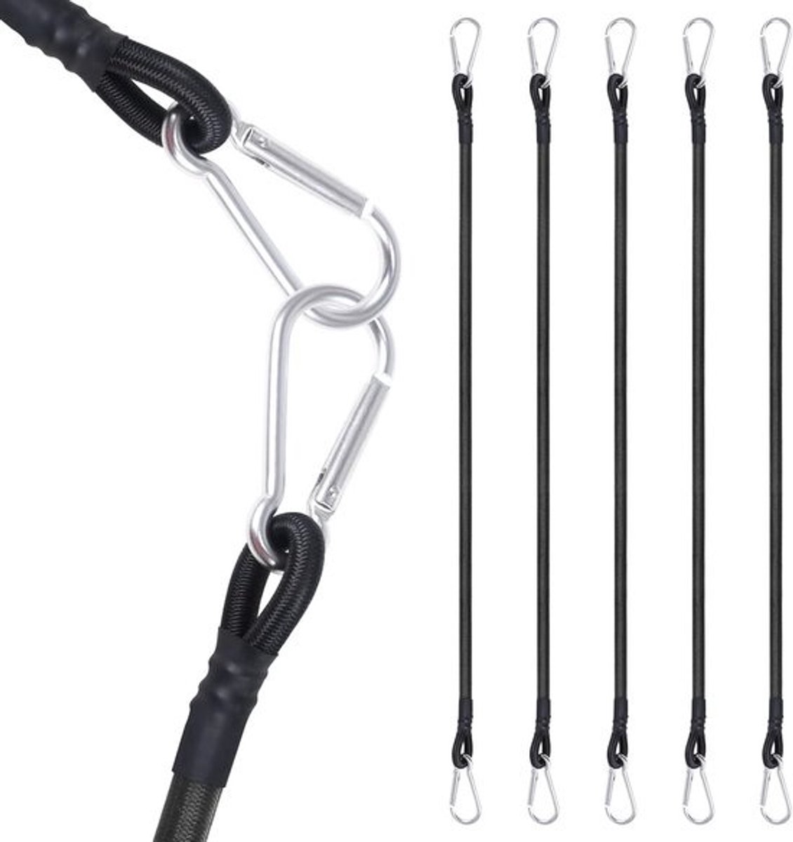 Elastische Touwen met Karabijnhaak - 5 Stuks, 30 cm, Duurzaam voor Bagage en Camping