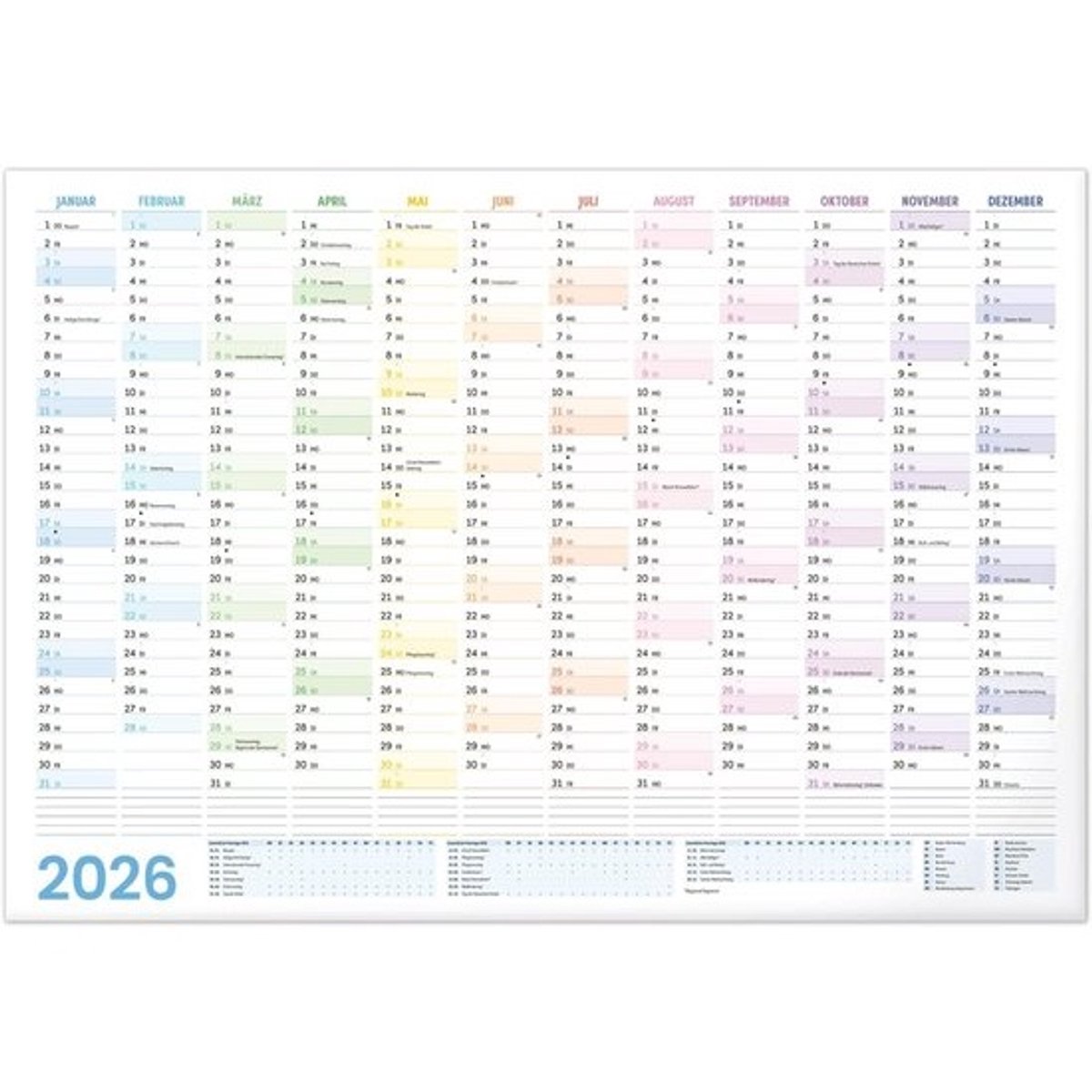 Jaarplanner 2026 - Wandkalender Planbord - Structuur Aanbrengen - Duitse Kalender - A2 59x42 cm - Wit