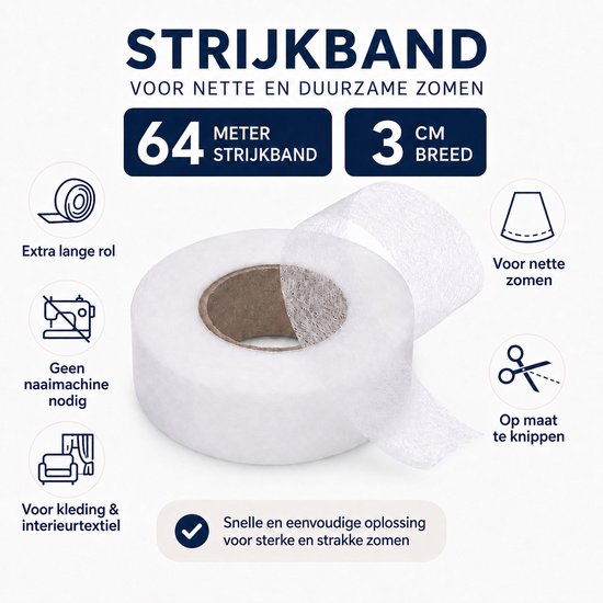 Witte strijkband rol, 64 meter lang en 3 cm breed, voor nette zomen zonder naaimachine.