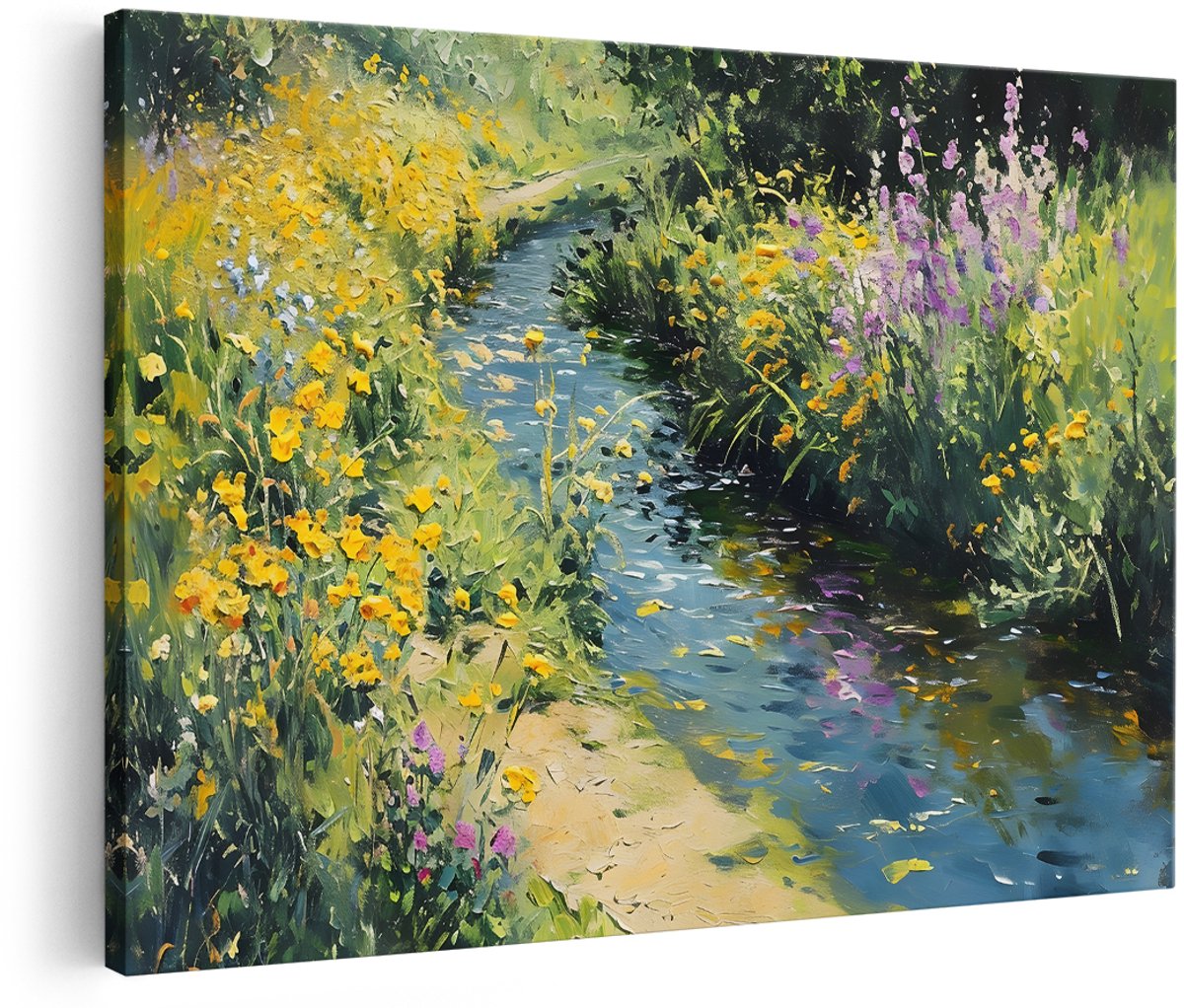 Artaza Canvas Schilderij Bloemen Beek - 150x100 cm - Groot - Wanddecoratie Natuur Landschap - Muurdecoratie Bloemenveld - Schilderijen Op Canvas Geel