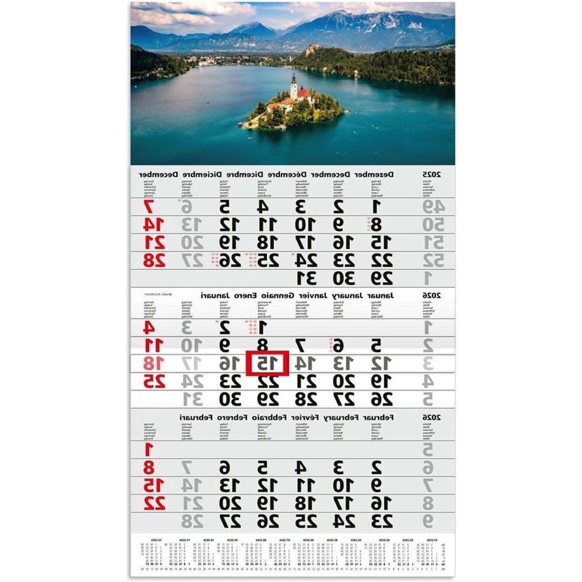 Driemaandenkalender 2026 - Wandkalender Jaaroverzicht - Planning Werk - Met Rode Schuifindicator - 53 cm - Multicolor