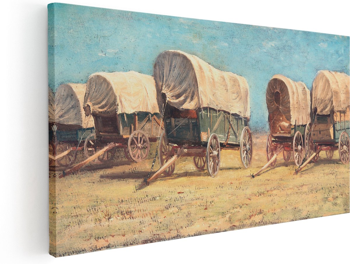 Artaza Canvas Schilderij Huifkar Landschap - 140x70 cm - Groot - Vintage Wanddecoratie Natuur - Muurdecoratie Olieverf - Kamer Accessoires Woonkamer