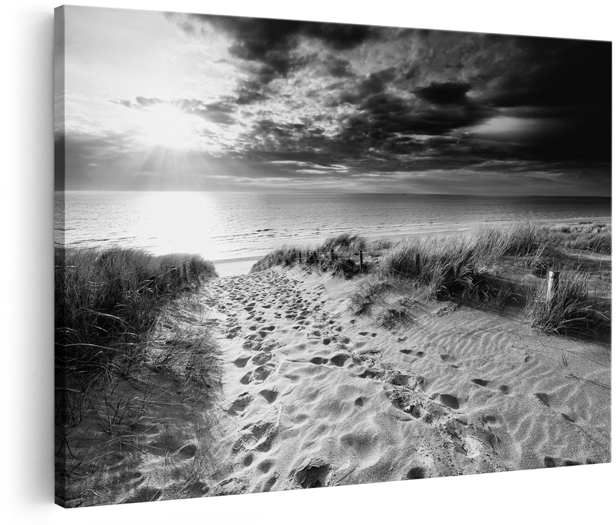 Artaza Canvas Schilderij Duinen met Zee - Zwart Wit - 150x100 cm - Groot - Foto Op Canvas - Wanddecoratie Woonkamer