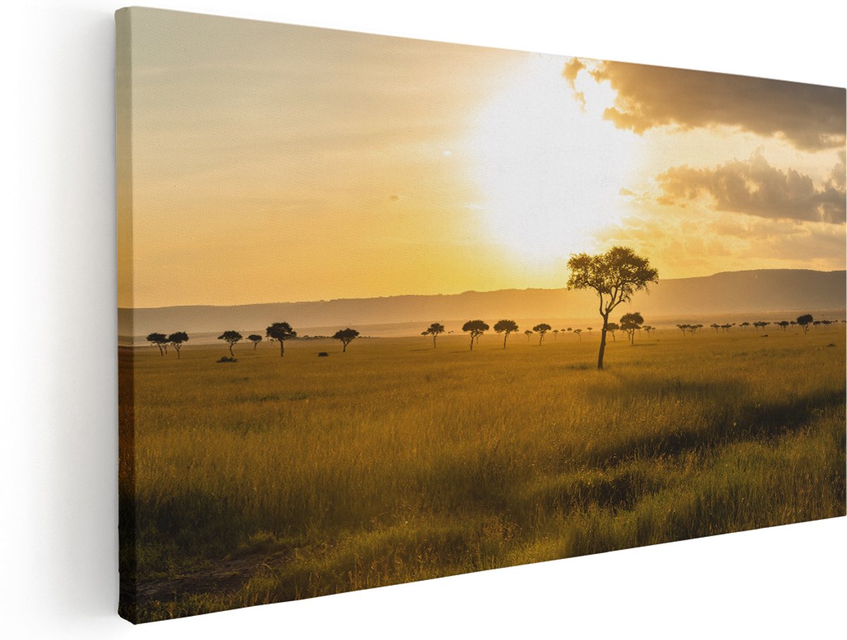 Artaza Canvas Schilderij Zonsondergang In De Savanne - 140x70 cm - Groot - Wanddecoratie Woonkamer - Schilderijen - Muurdecoratie