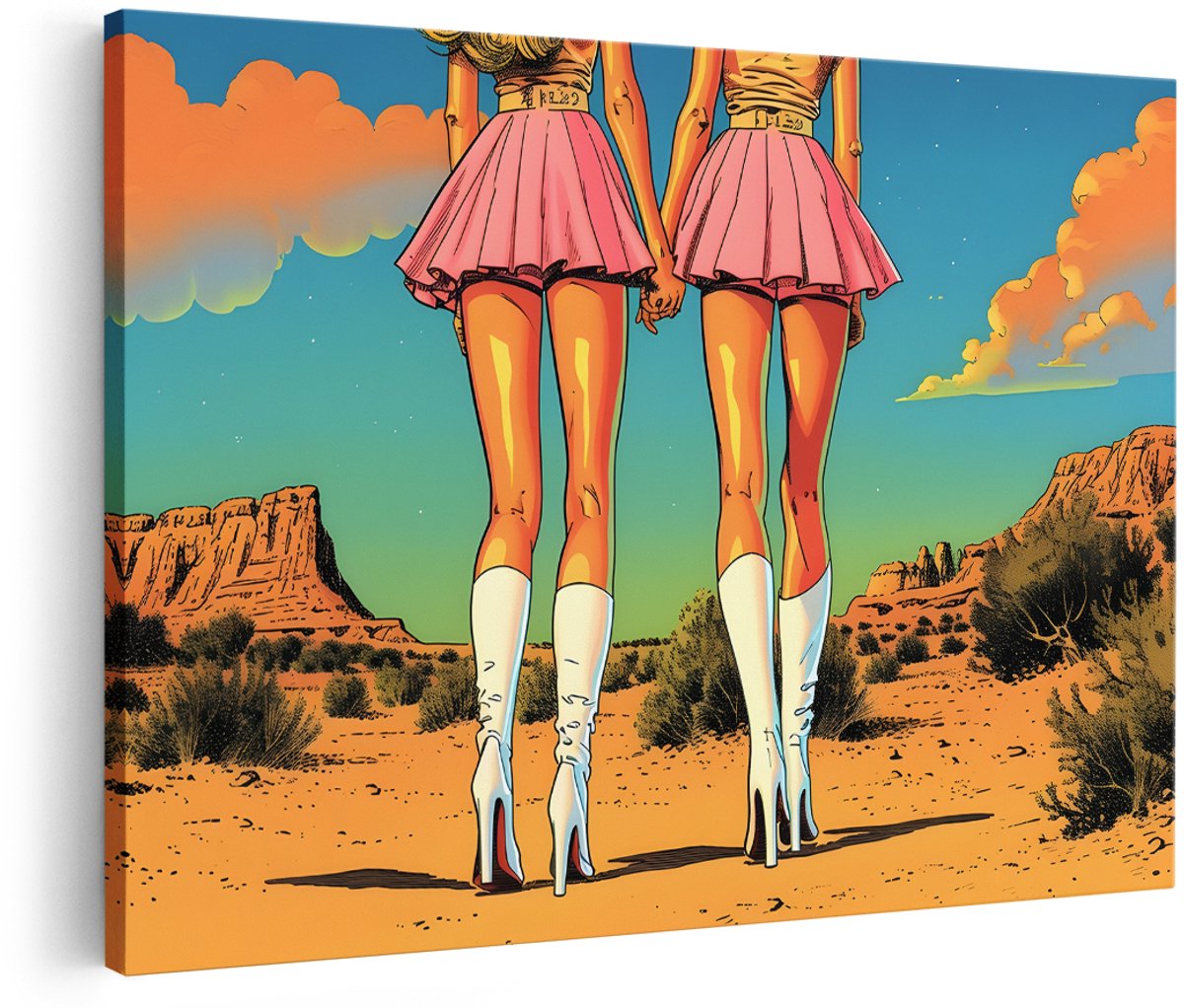 Artaza Canvas Schilderij Vrouwen - 150x100 cm - Groot - Wanddecoratie Popart - Muurdecoratie Woestijn Landschap - Schilderijen Op Canvas Retro - Roze