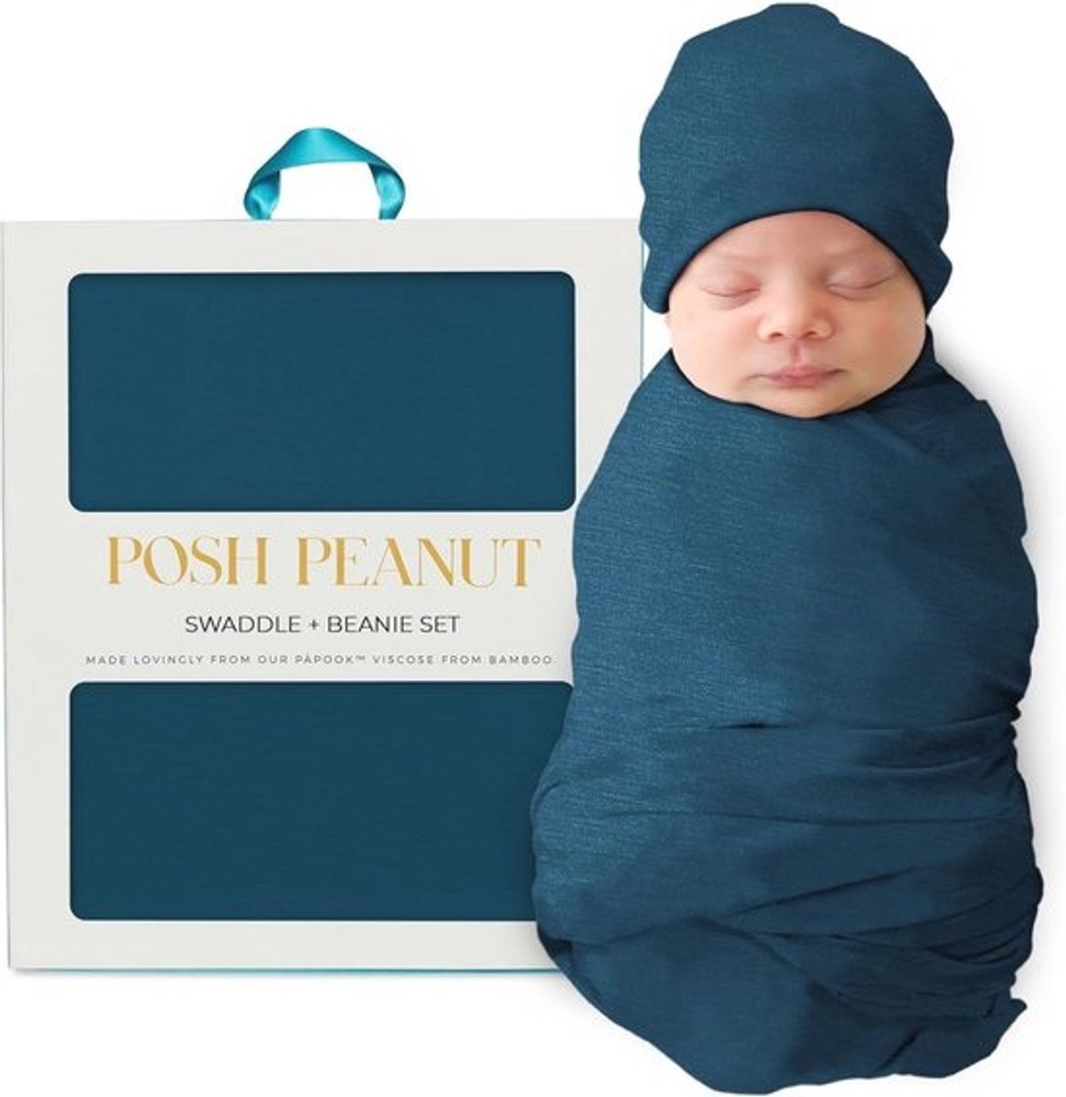 Unisex baby inbakerdeken - grote premium gebreide viscose van bamboe - baby wrap, ontvangende deken en muts set - matroos blauw