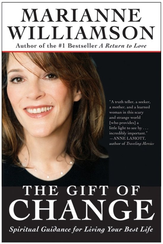 Couverture de livre : Marianne Williamson, auteur de "The Gift of Change". Portrait d'une femme souriante aux cheveux bruns.