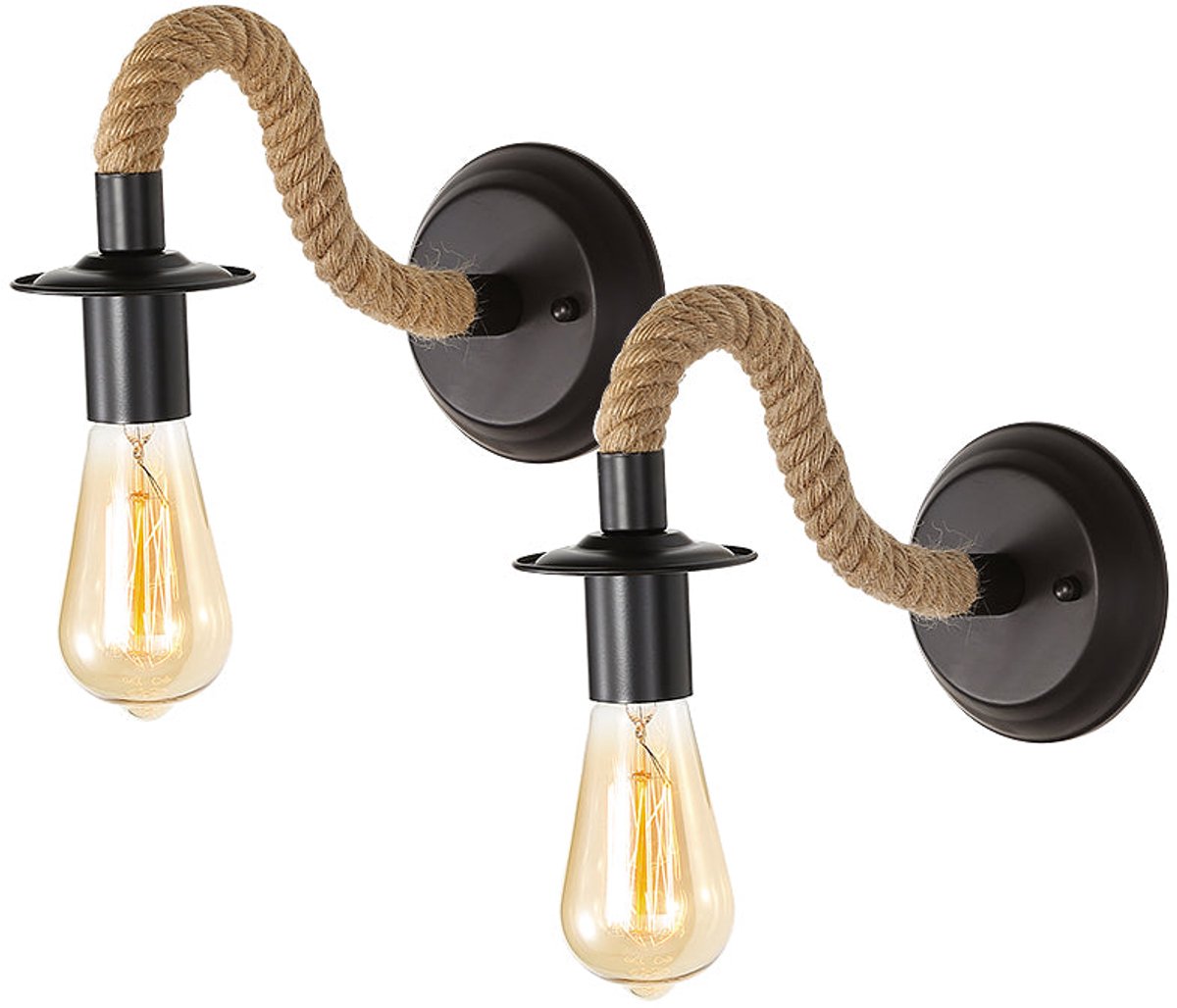 Riserva Industriële Retro Wandlamp, Zwarte IJzeren Wandverlichting met Touw, 2‑Stuks, E27 Fitting Zonder Lamp, voor Woonkamer, Slaapkamer, Eetkamer