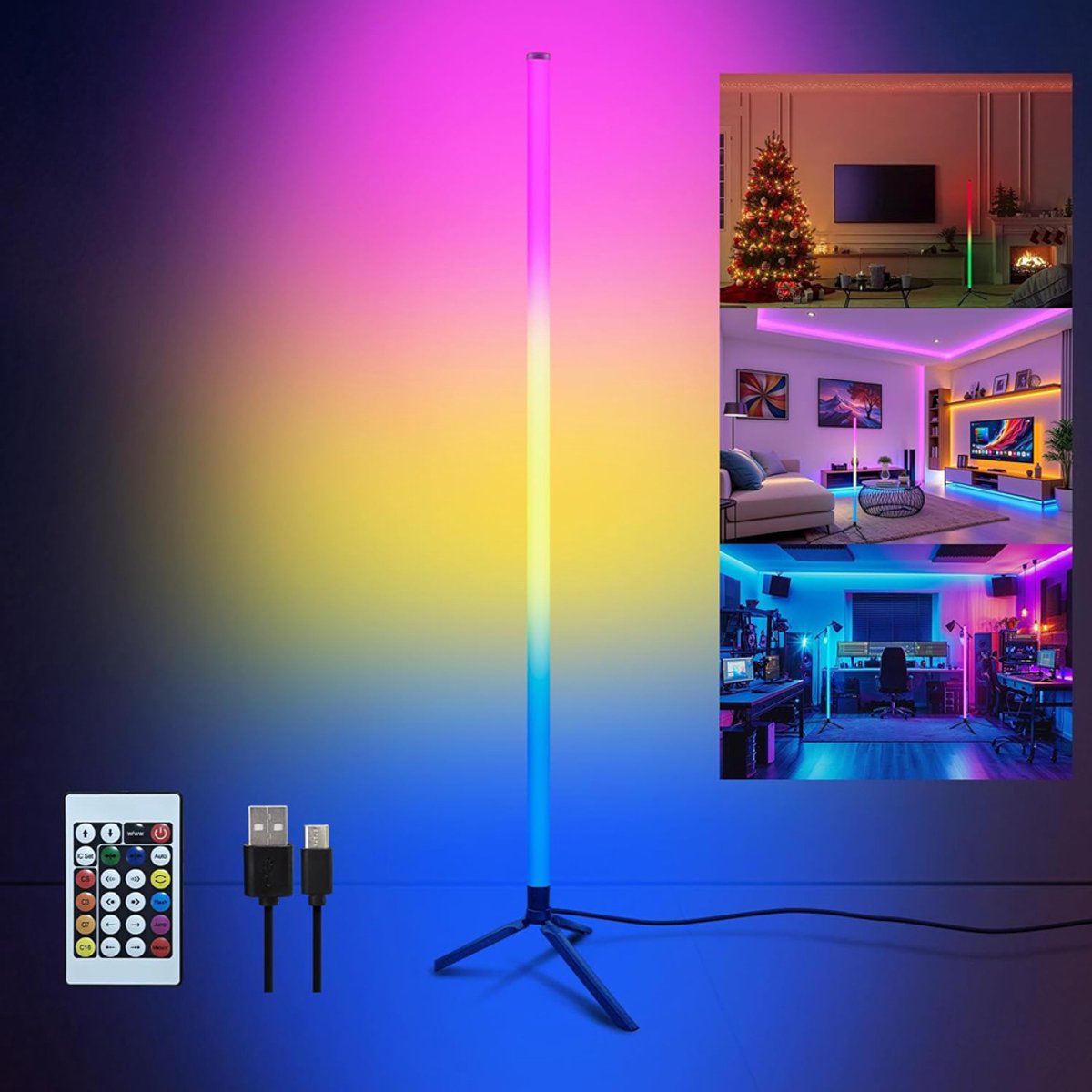 LED-Vloerlamp Met 16 Instelbare Lichtkleuren En Afstandsbediening - RGB & Warm Wit Traploos Dimmen App-Bediening USB-Voeding Modern Design - Voor Slaapkamer Woonkamer En Studeerkamer