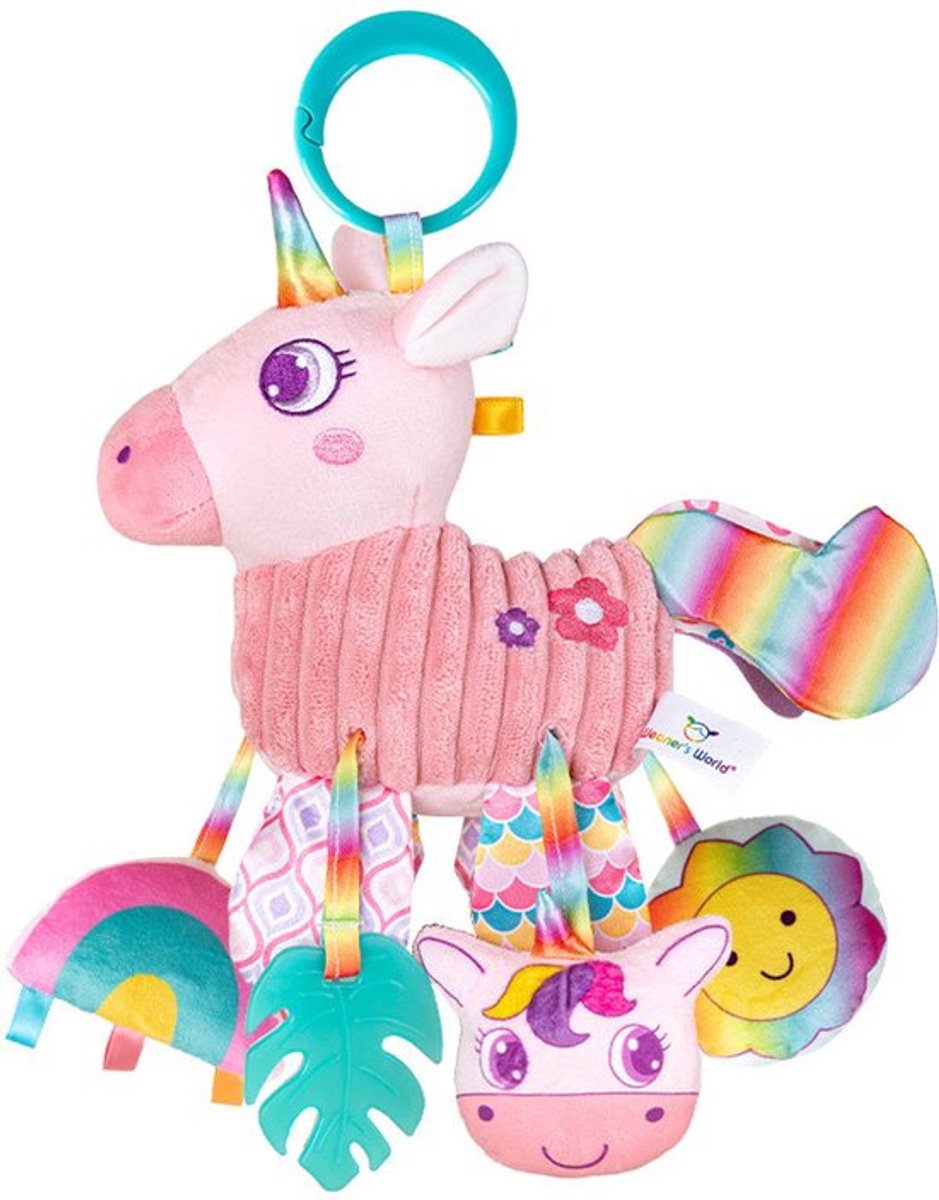 Babyspeelgoed - Sensorisch speelgoed - Roze eenhoorn baby activiteit pluche - Hangspeelgoed voor de kinderwagen met bijtring en rammelaar, geschikt voor de zintuiglijke ontwikkeling van baby's