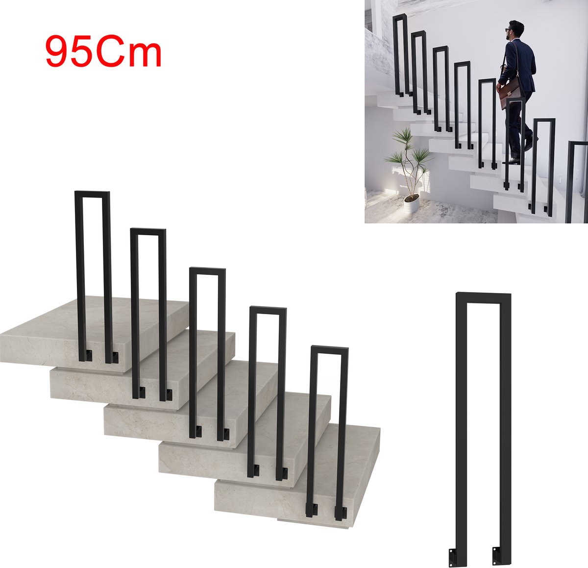 Trapleuning 95 Cm – U-vormige IJzeren Leuning met Zijmontage – voor Trap, Balkon, Hal en Entree – Binnen en Buiten