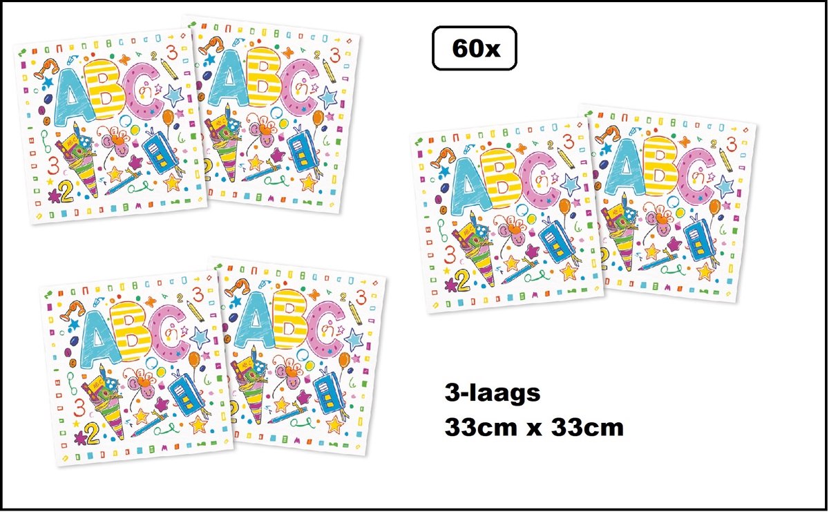 60x Servetten ABC 33cm x 33cm - 3 laags - School Luxe Servet diner eten knoeien restaurant