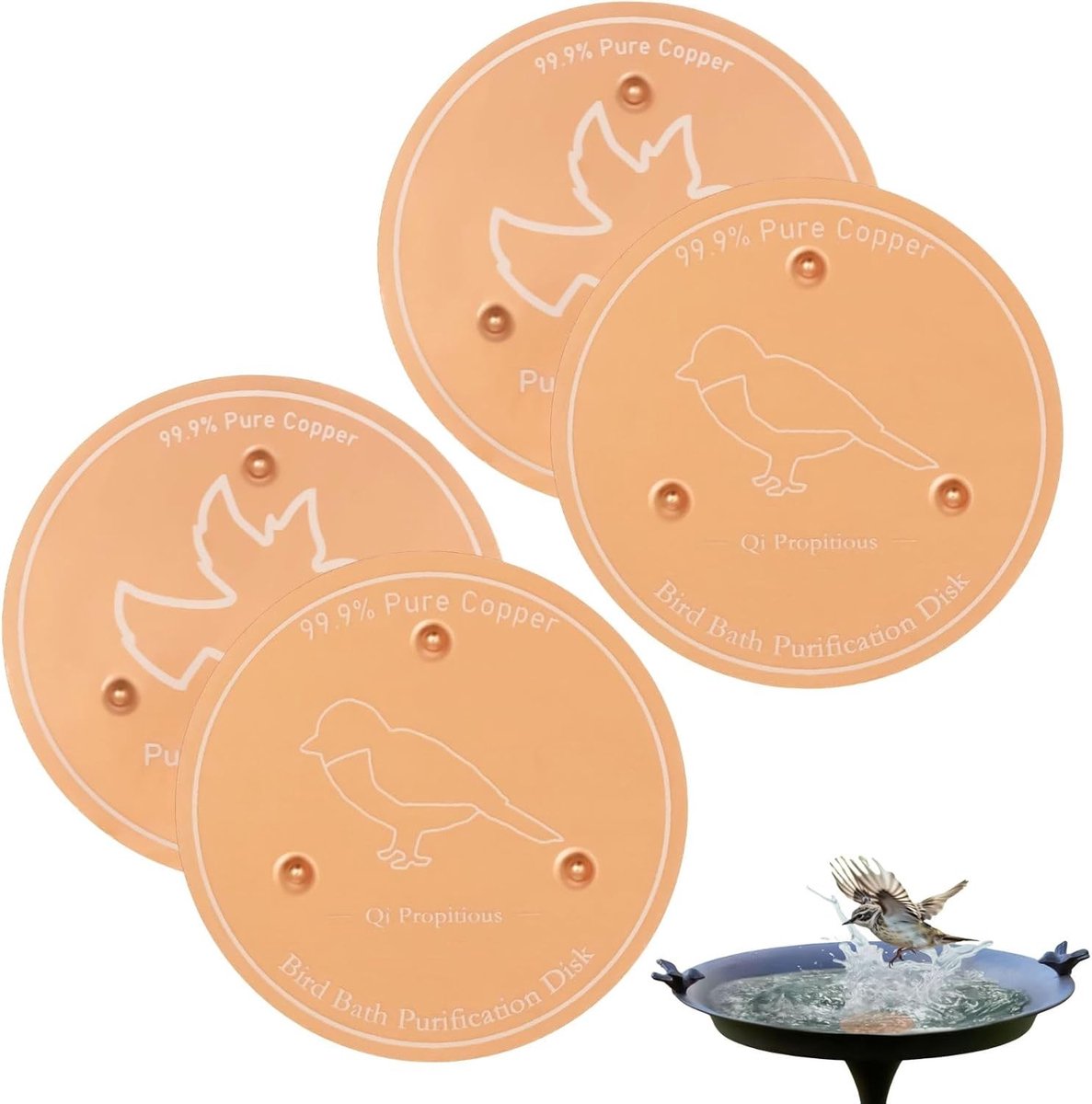 Set van 2 of 4 Vogel Drinkmunten van Messing en Koper, 10 x 10 cm, Weerbestendige Accessoires voor de Tuin, Vogelbad en Waterreiniging