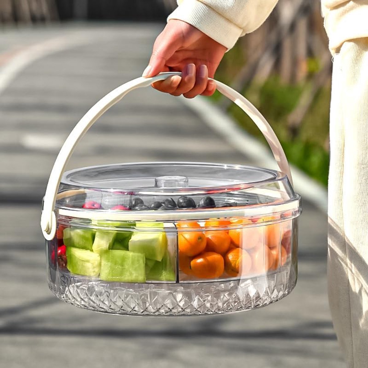 Casalora® Transparante 5-Vaks Acryl Snackbox met Handvat - Ronde Fruit- en Serveerdoos met Deksel - Stapelbare Opbergbox voor Noten, Snoep, Snacks & Fruit - Voor Picknick, Feest en Thuis