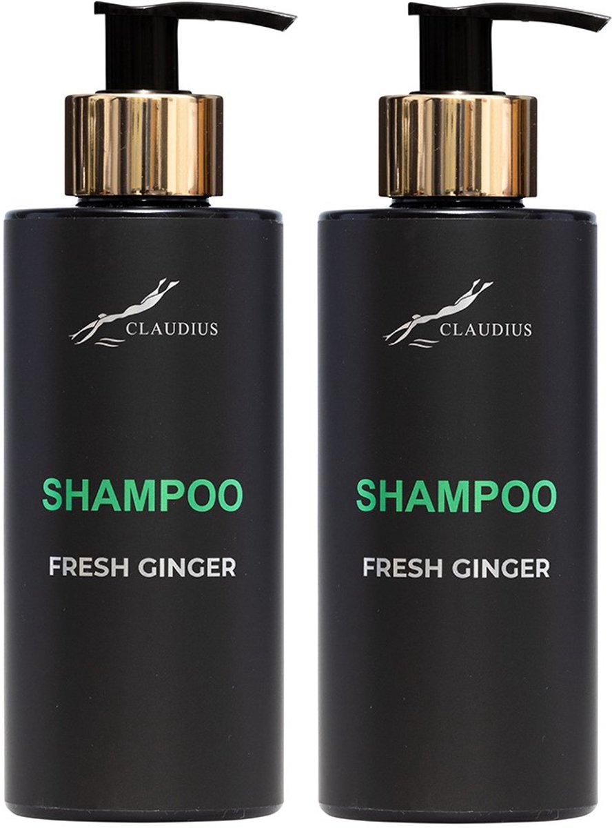Shampoo Fresh Ginger 300 ml - met gouden pomp - zwarte fles - set van 2 stuks - Voordeelverpakking