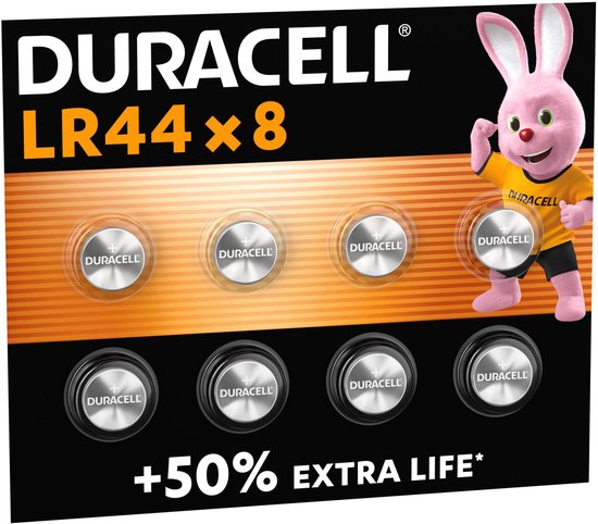 Piles Duracell LR44, lot de 8, avec un lapin Duracell rose en t-shirt jaune.