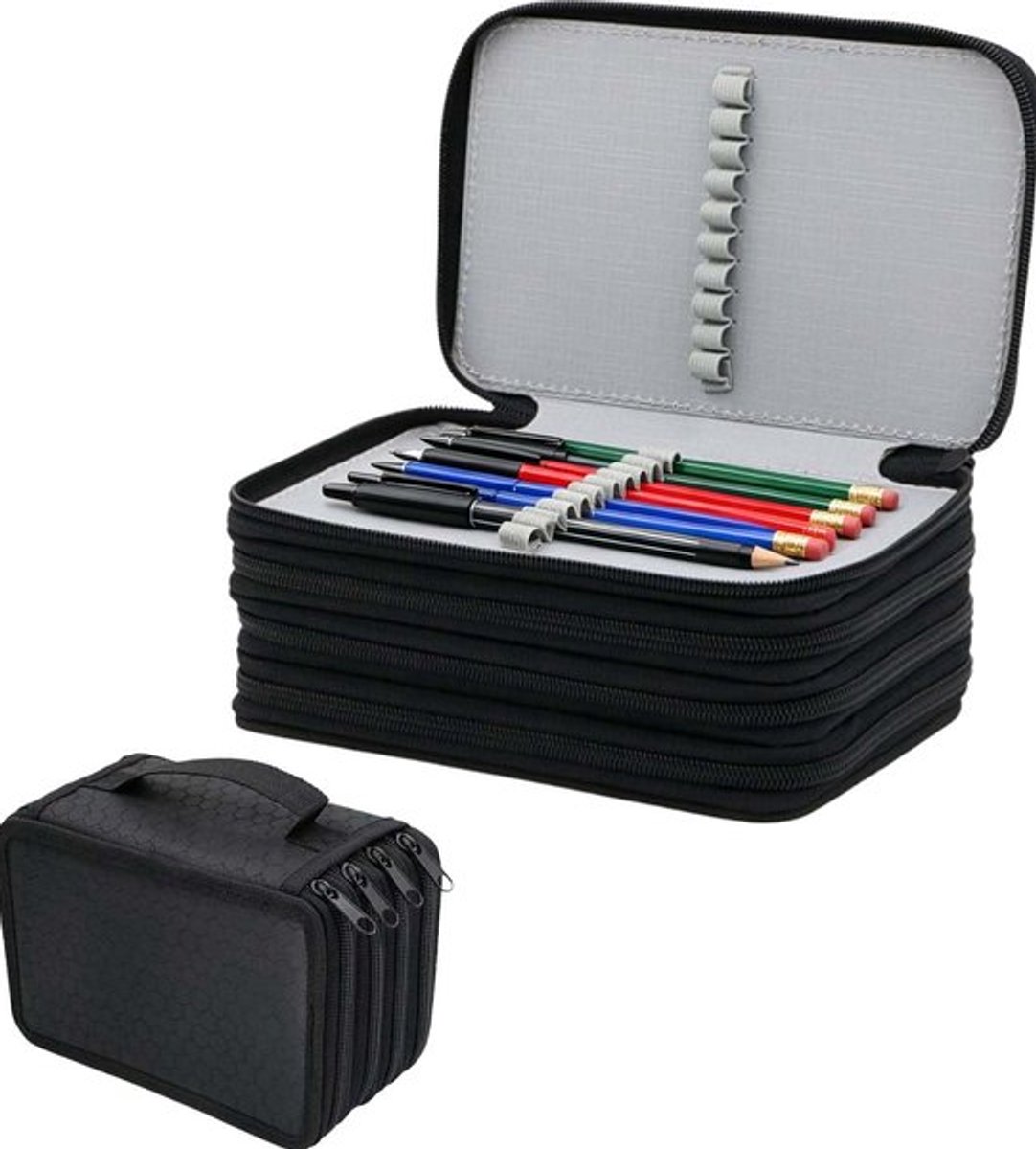 Grote etui/schrijftas - 72 vakjes - Draagbaar - 4 vakken - Met handvat - Waterdicht - Geschikt voor kleurpotloden, stiften en balpennen - Zwart - 20*12,5*8,3 cm