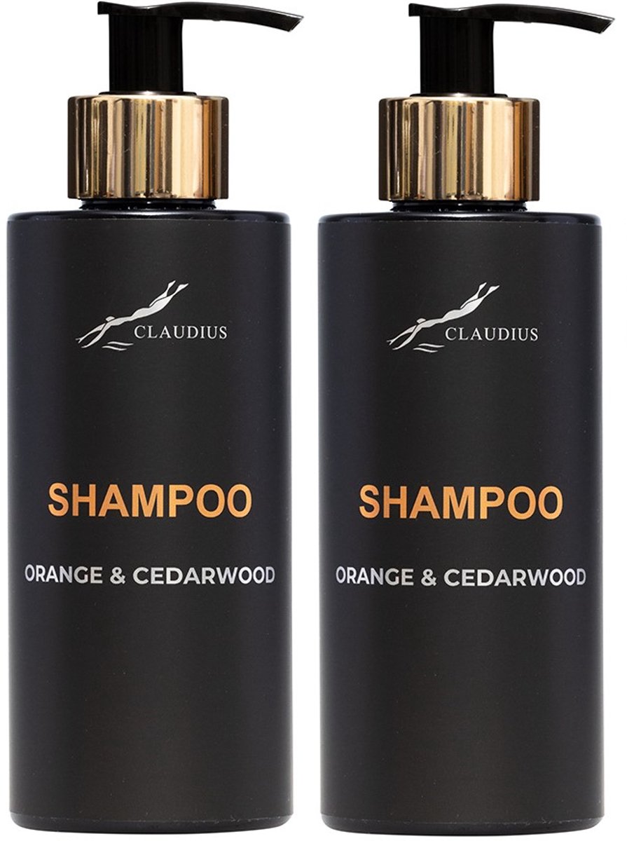 Shampoo Sweet Orange & Cedarwood 300 ml - met gouden pomp - zwarte fles - set van 2 stuks - Voordeelverpakking
