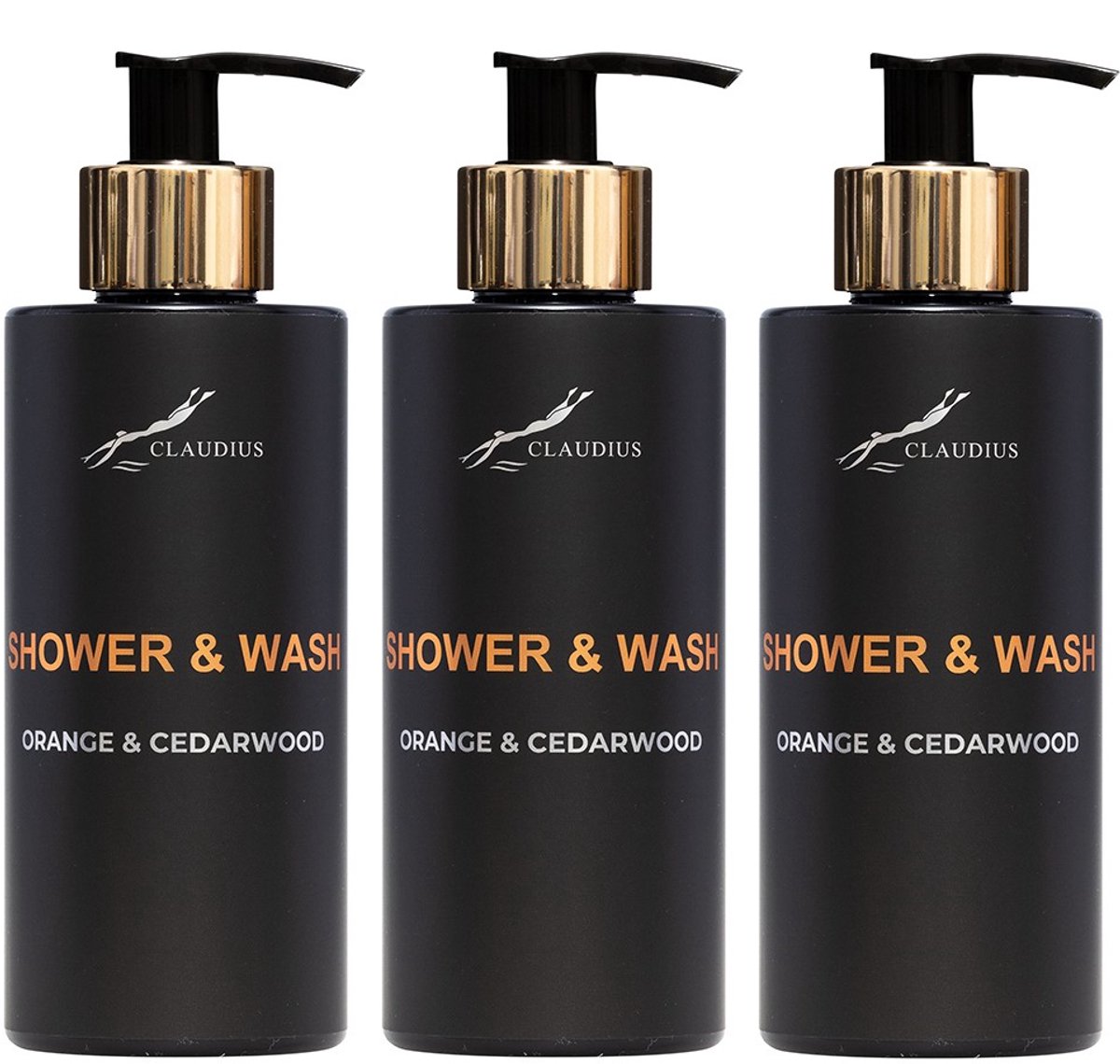 Shower & Wash Orange & Cedarwood 300 ml - met gouden pomp - zwarte fles - set van 3 stuks - Voordeelverpakking