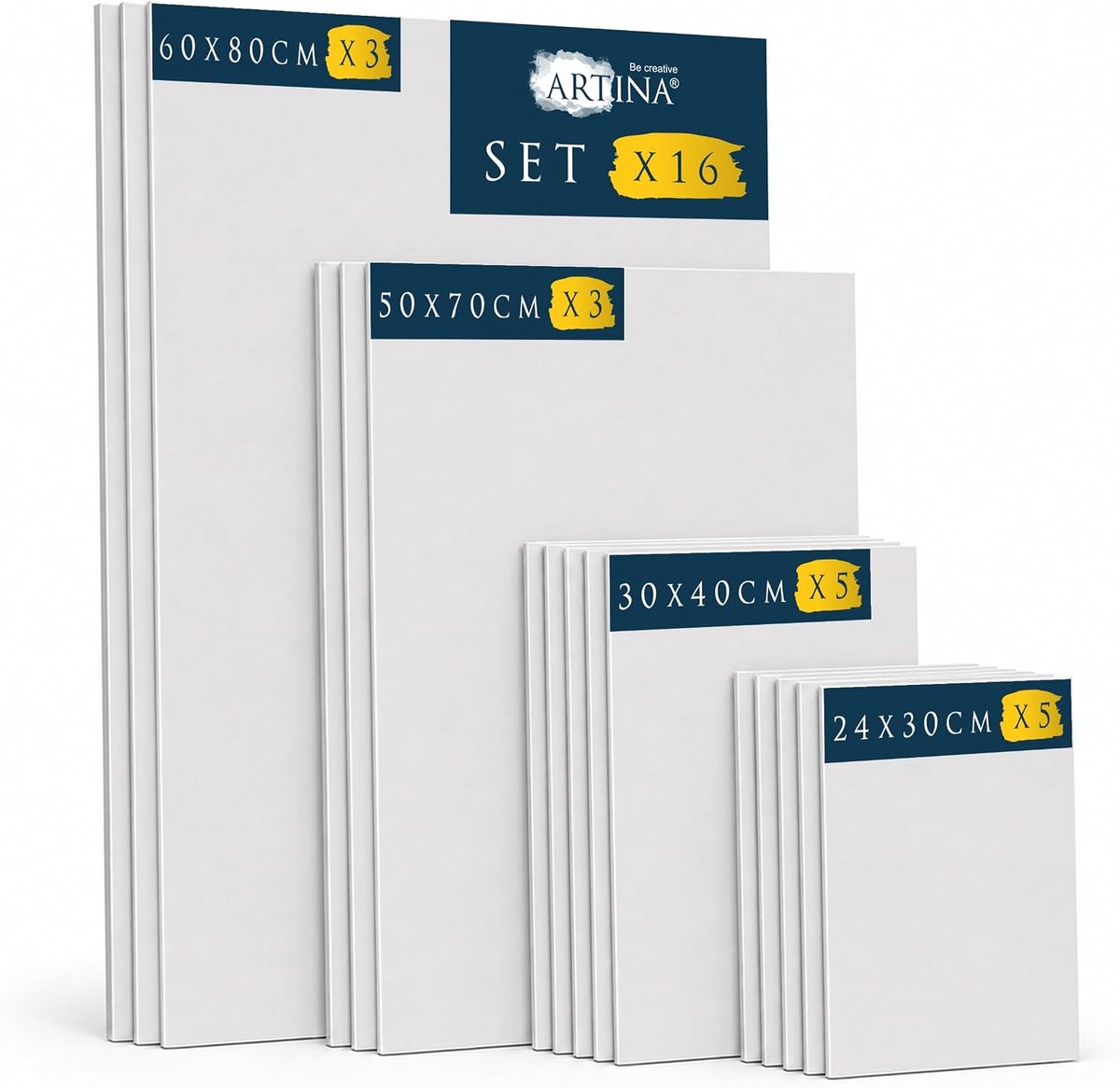 Artina 16-delige set canvaspanelen schilderskarton 3mm, 5x 24x30/30x40cm en 3x 50x70/60x80cm canvaspanelen, 100% katoen, 3x gegrond, 280g/m²