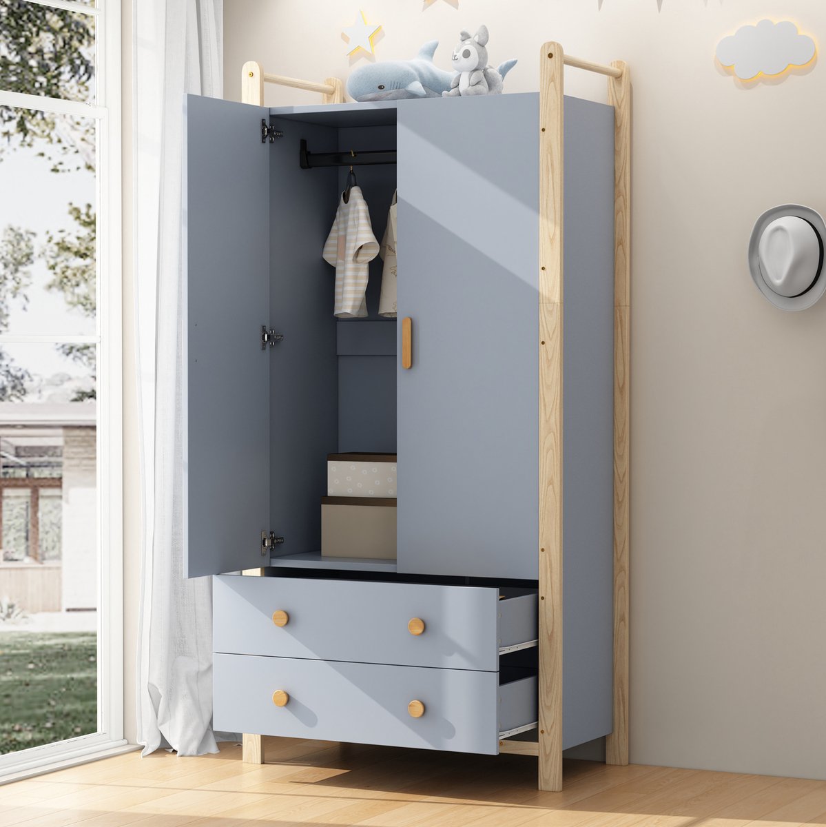 DESMIU Kledingkast - 2 Deuren Met Hanggedeelte En 2 Lades - Voor Slaapkamer Kinderkamer En Hal - Blauw En Naturel Hout - 89,6x44x180,5 Cm