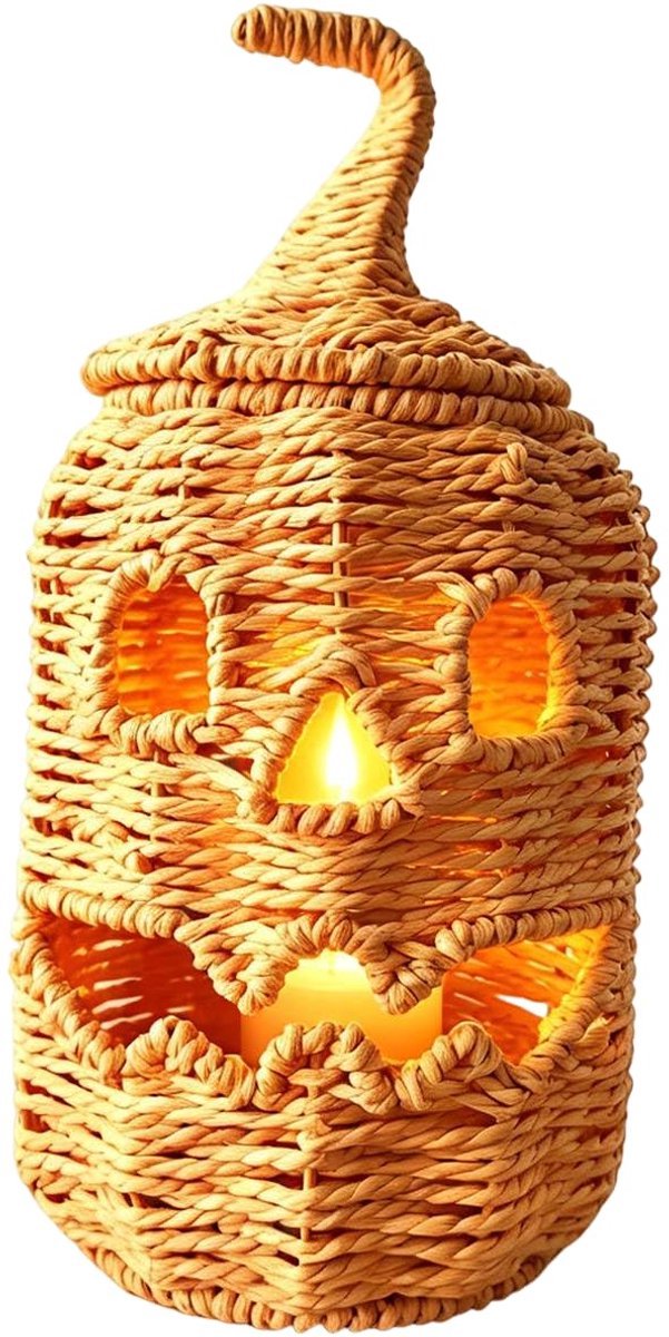 Casalora® Halloween Pompoen Lantaarn - Inclusief LED Kaars - Handgeweven Rotan Jack-o'-Lantern Snoepmand - Trick-or-Treat Emmer met Handvat - Halloween Decoratie - Oranje - 26 × 20 cm
