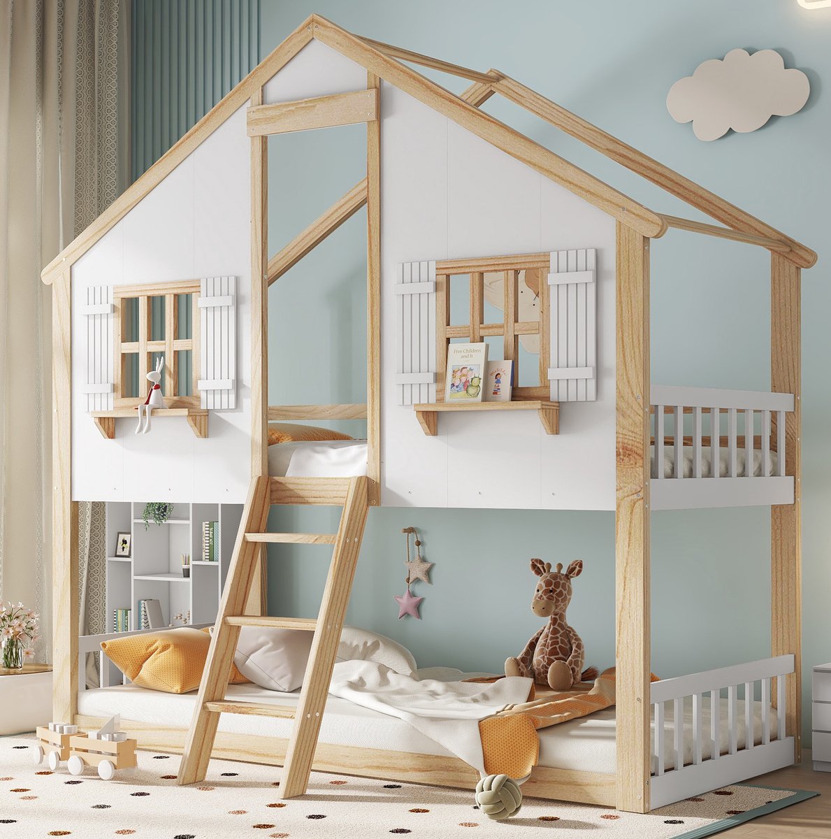 Stapelbed Kinderbed 90 x 200 cm Hout en MDF Wit Naturel Huismodel Met Schuine Ladder En Veiligheidsrails