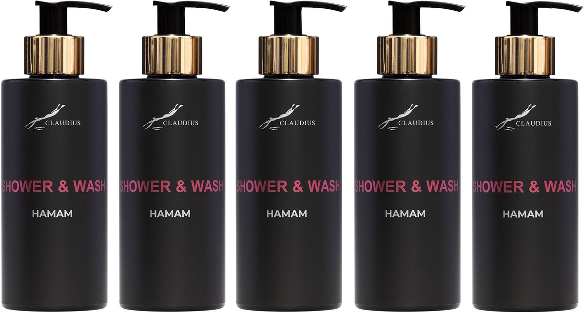 Shower & Wash Hamam 300 ml - met gouden pomp - zwarte fles - set van 5 stuks - Voordeelverpakking