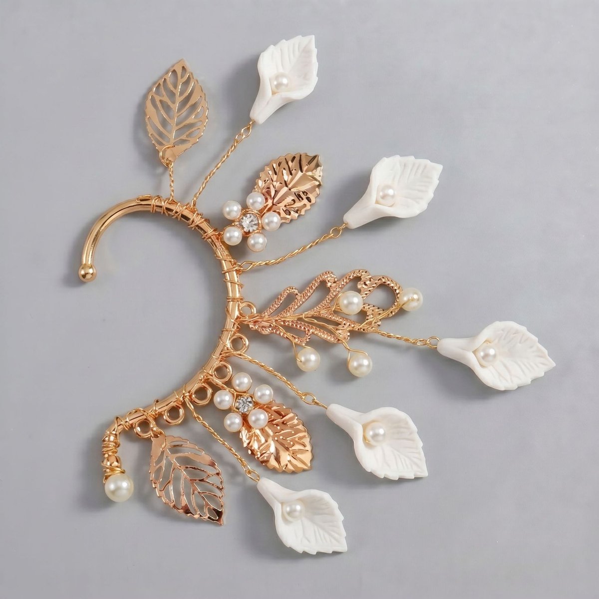 Elfen Oor Cuff, Handgemaakte Bloem Blad Oorversiering, Zonder piercing oorhaak voor bruiloft en fotoshoot，Gouden parel-blad-oorbelhaakjes