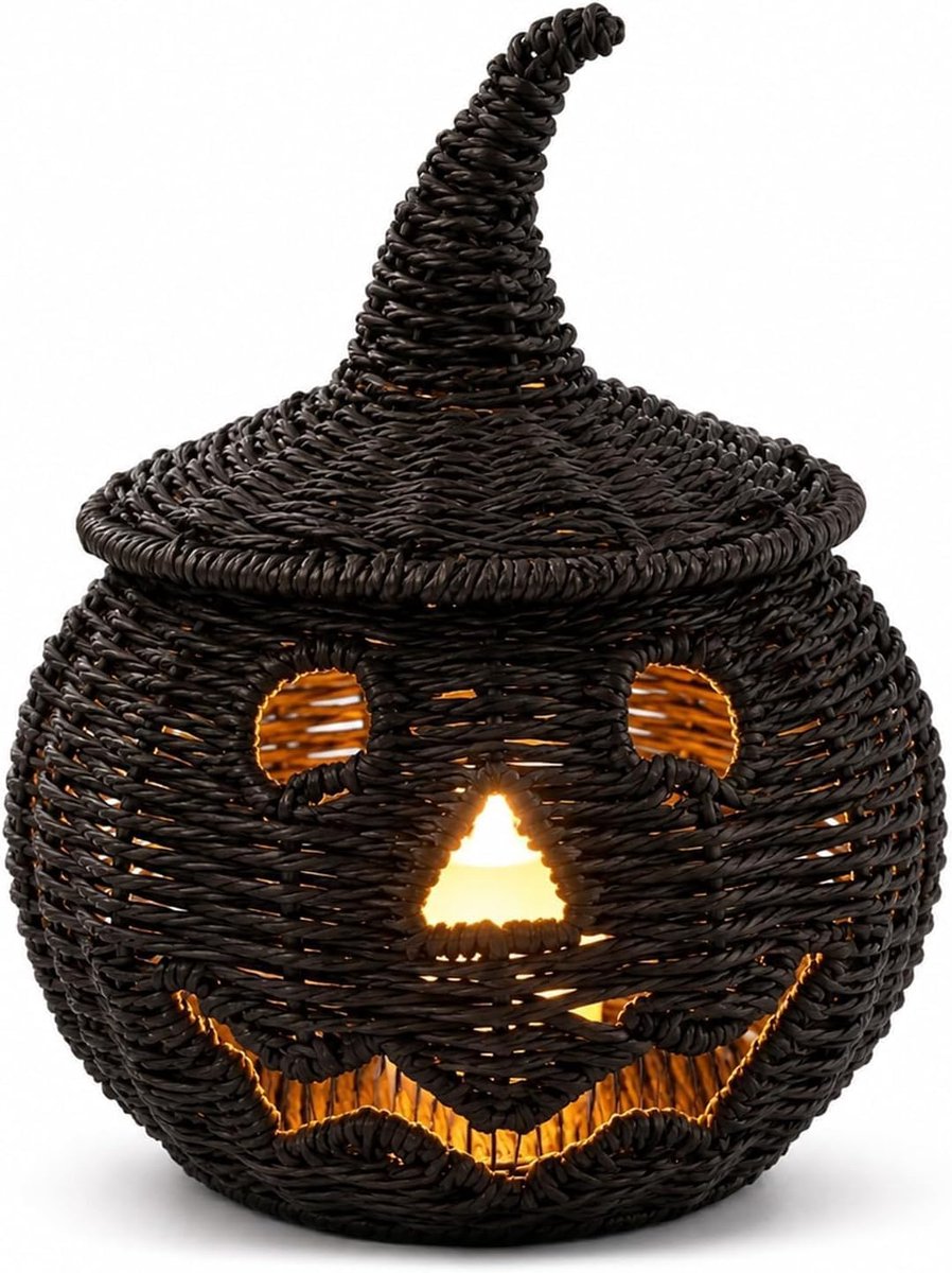 Casalora® Halloween Pompoen Lantaarn - Inclusief LED Kaars - Handgeweven Rotan Jack-o'-Lantern Snoepmand - Trick-or-Treat Emmer met Handvat - Halloween Decoratie - Zwart - 26 × 20 cm