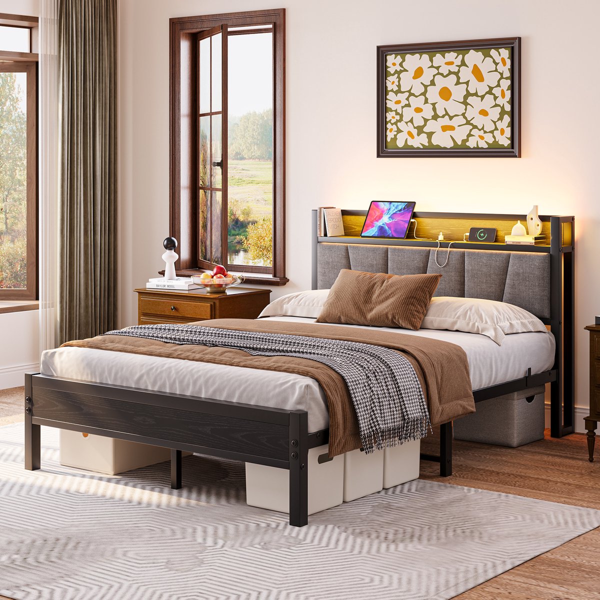 Bedframe 140 x 190 cm – Met LED-verlichting en USB-oplaadstation – Metaal en MDF – Zwart – Opberg-hoofdbord