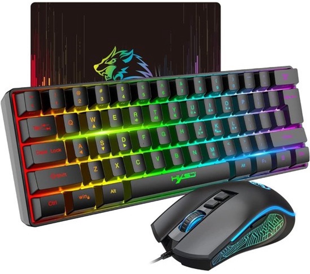 Compact 60% Gaming Toetsenbord en Muis Set met RGB Verlichting - Inclusief Muismat
