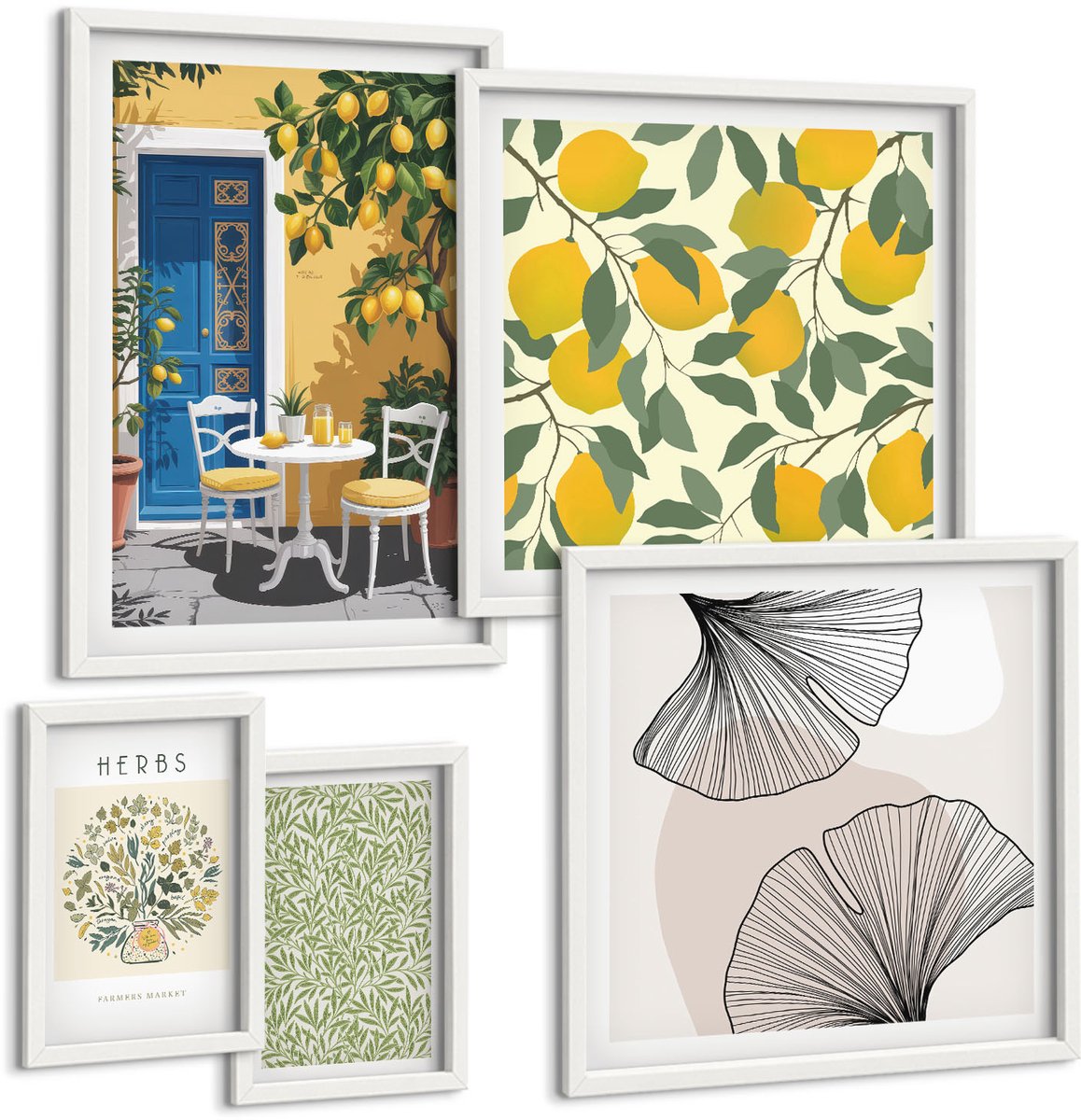 Wallfluent 5-Delige Schilderij Set - Stijlvolle Accenten Met Plant- En Fruitmotieven. - 50 x 50 cm, 20 x 30 cm En 40 x 60 cm - Moderne Wanddecoratie - Woonkamer