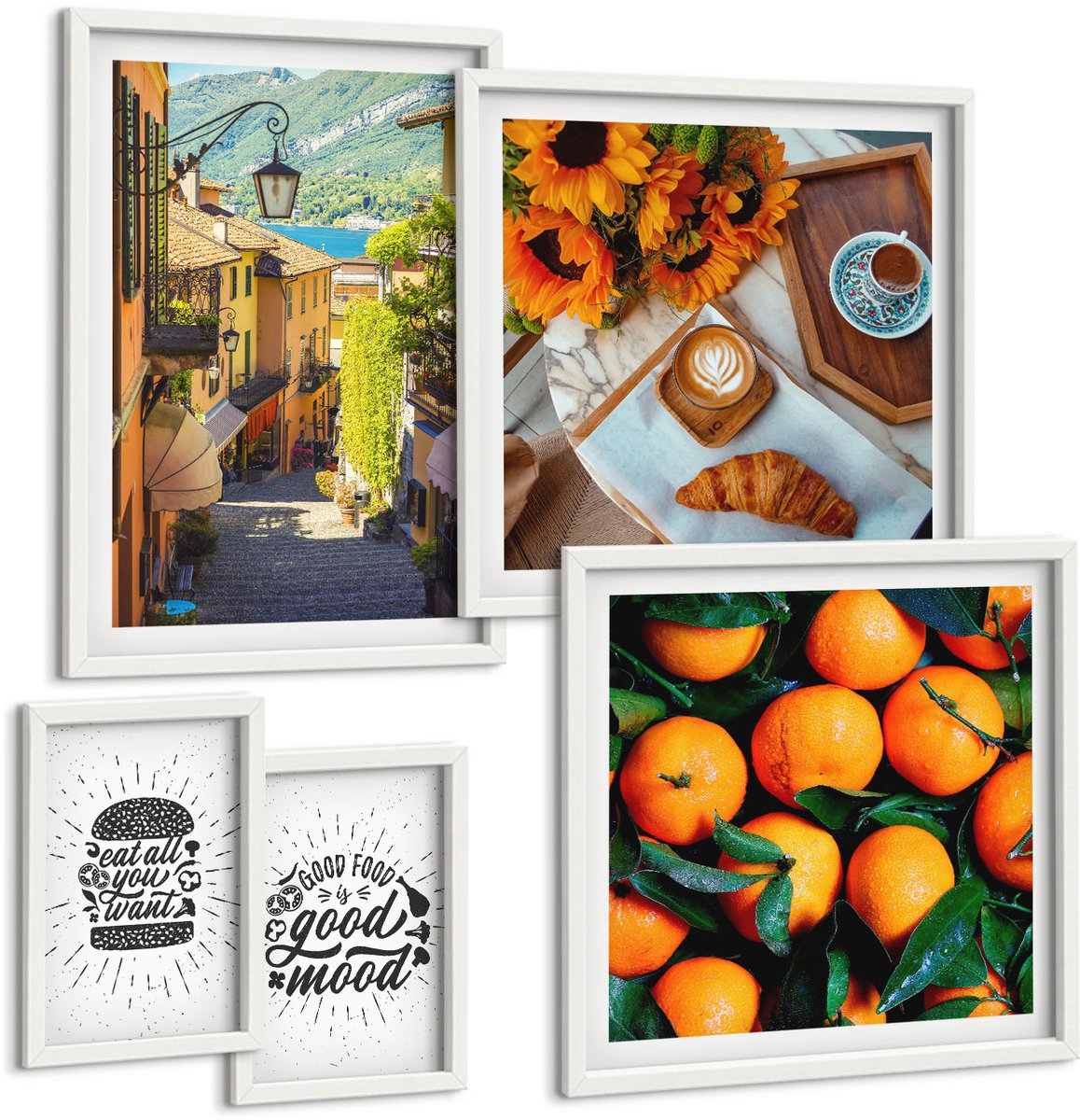 Wallfluent 5-Delige Schilderij Set - Cafésfeer, Uitzicht Op De Straat En Heerlijke Accenten. - 50 x 50 cm, 20 x 30 cm En 40 x 60 cm - Muurdecoratie - Schilderijen Set - Woonkamer - Decoratieve Schilderijen