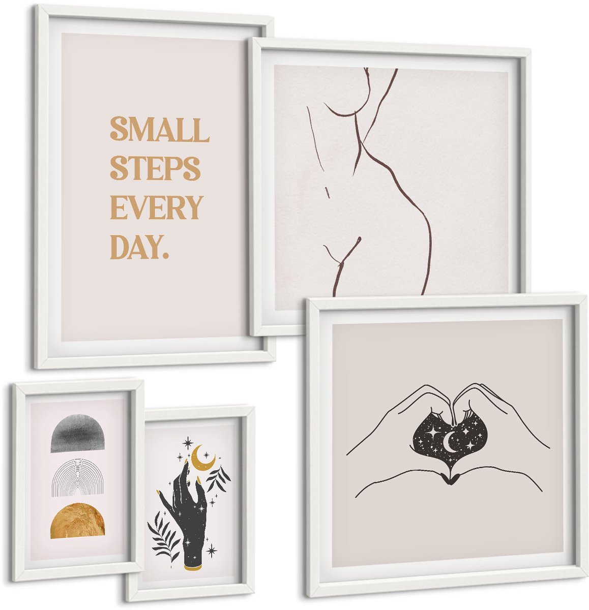 Wallfluent 5-Delige Schilderij Set - Motivatie En Positief Denken In Een Minimalistische Stijl - 50 x 50 cm, 20 x 30 cm En 40 x 60 cm - Stijlvolle Wanddecoratie - Interieur