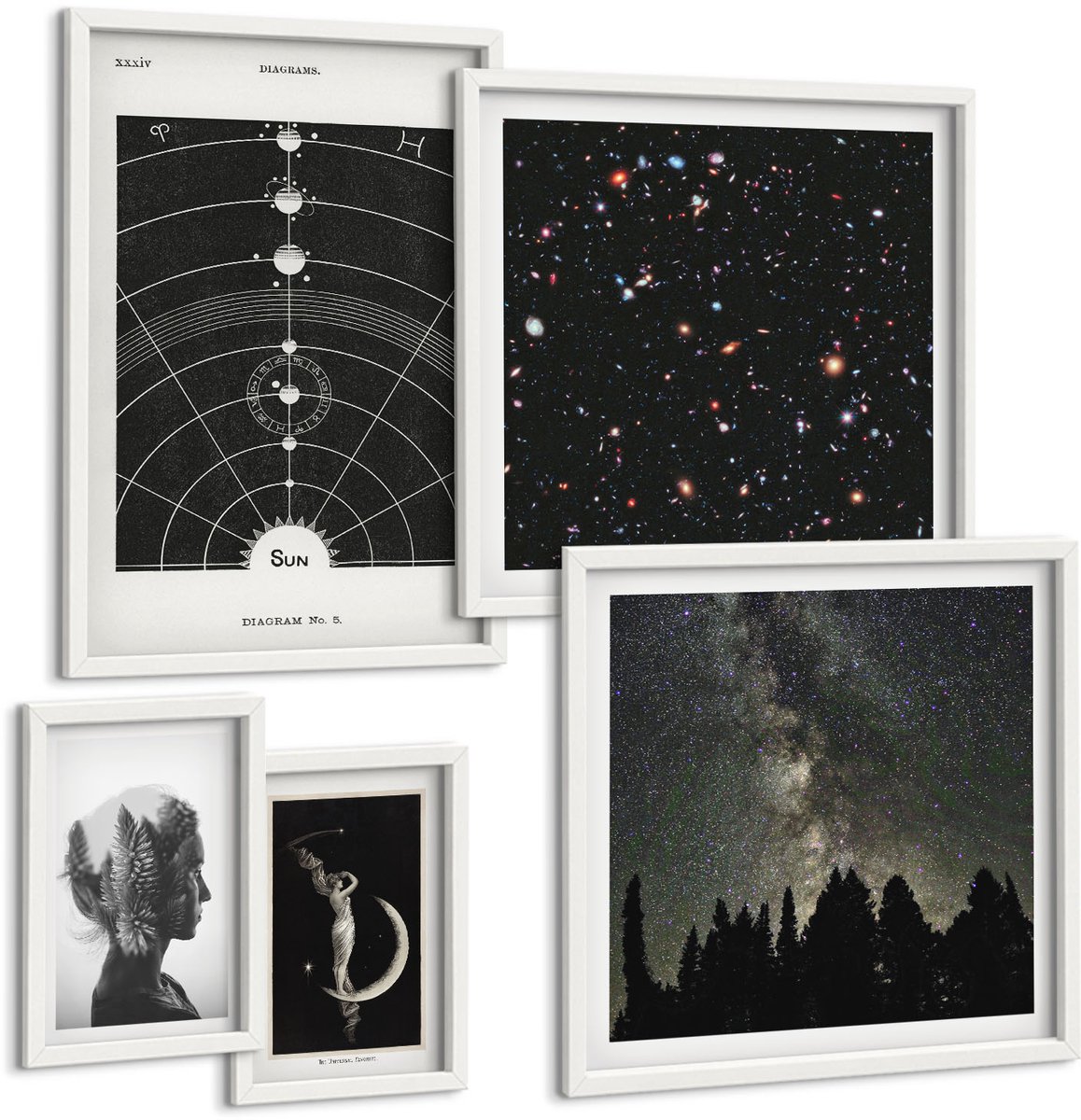 Wallfluent 5-Delige Schilderij Set - Kosmische Inspiraties Van De Melkweg En De Geheimen Van Het Universum - 50 x 50 cm, 20 x 30 cm En 40 x 60 cm - Wanddecoratie - Schilderijen Set - Interieur - Muurdecoratie