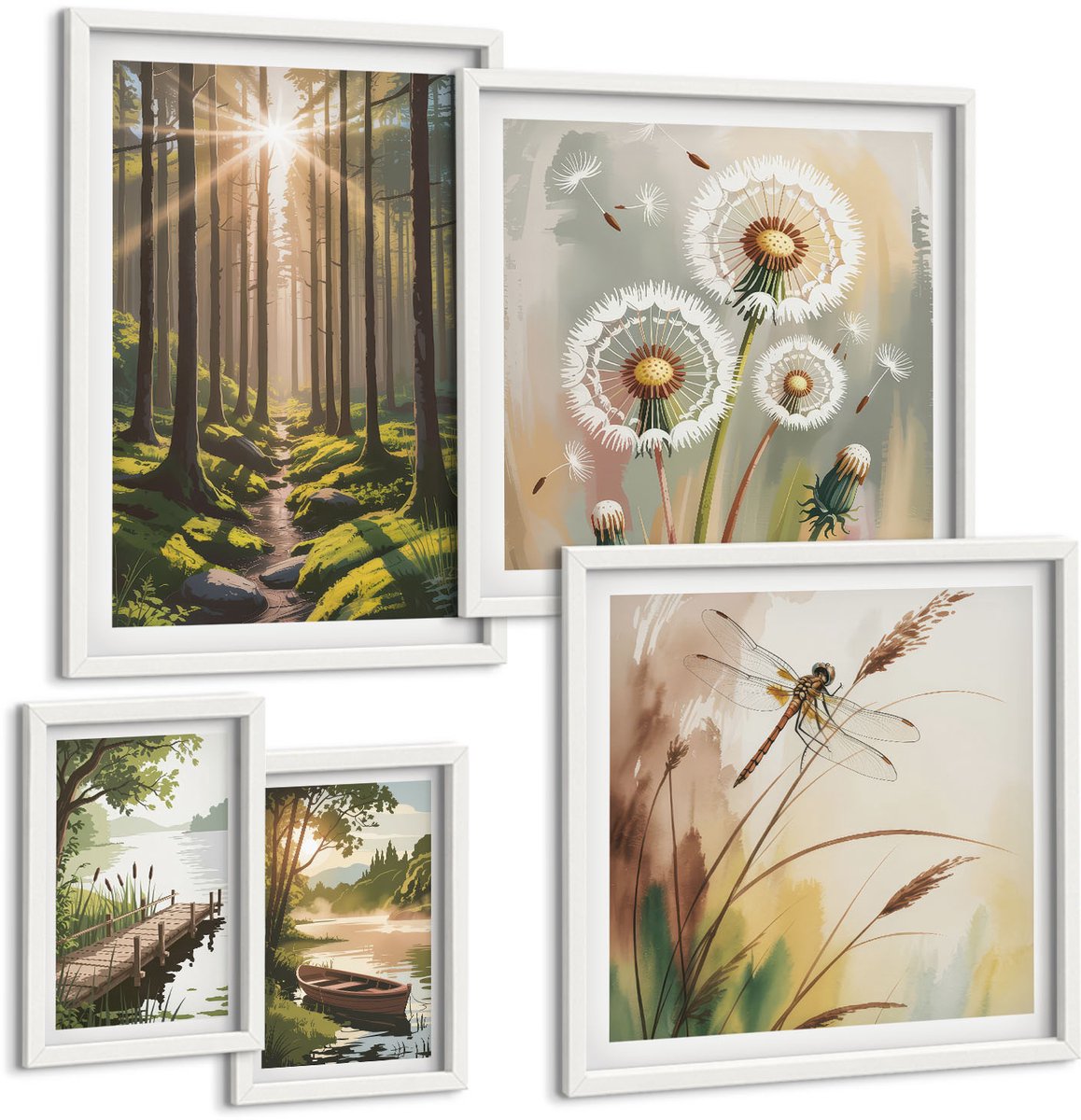 Wallfluent 5-Delige Schilderij Set - Boslandschappen Met Natuur En Rust Op De Achtergrond. - 50 x 50 cm, 20 x 30 cm En 40 x 60 cm - Muurdecoratie - Wanddecoratie - Hal