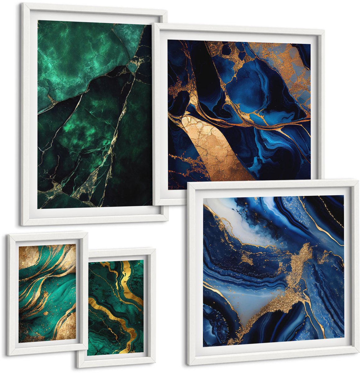 Wallfluent 5-Delige Schilderij Set - Elegante Abstracties In Tinten Groen En Blauw - 50 x 50 cm, 20 x 30 cm En 40 x 60 cm - Muurdecoratie - Decoratieve Schilderijen - Wohnzimmer - Moderne Wanddecoratie
