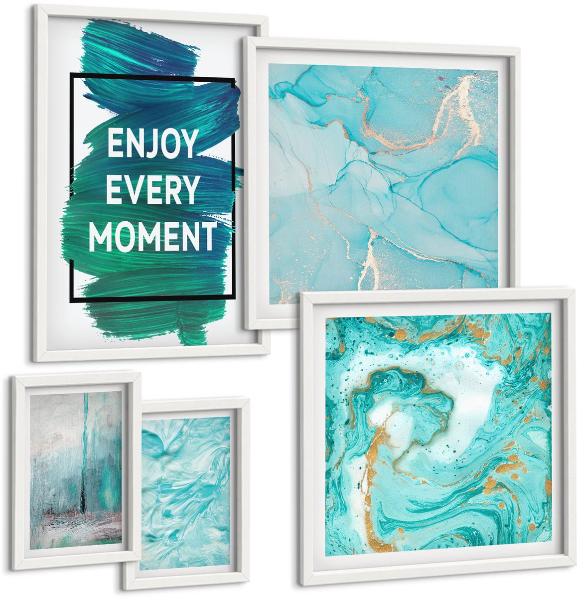Wallfluent 5-Delige Schilderij Set - Abstracte Composities Met Inspirerende Letters En Patronen - 50 x 50 cm, 20 x 30 cm En 40 x 60 cm - Stijlvolle Muurdecoratie - Kantoor - Decoratieve Schilderijen