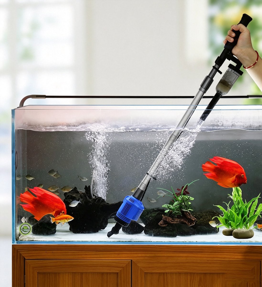 Elektrische waterververser en zandreiniger 4-in-1 automatische aquariumreinigingsset inclusief zandwassen waterpompen afvalverwijdering en filtratie verstelbare lengte 16W blauw Totale lengte 53-105 cm