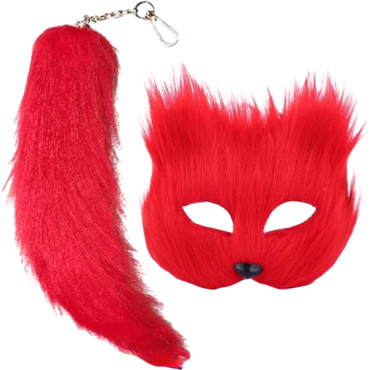Vos Wolf Cosplay Set – Harige Kattenstaart en Halfgezicht Masker met Sleutelhanger voor Feest, Festival en Maskerade - Rood