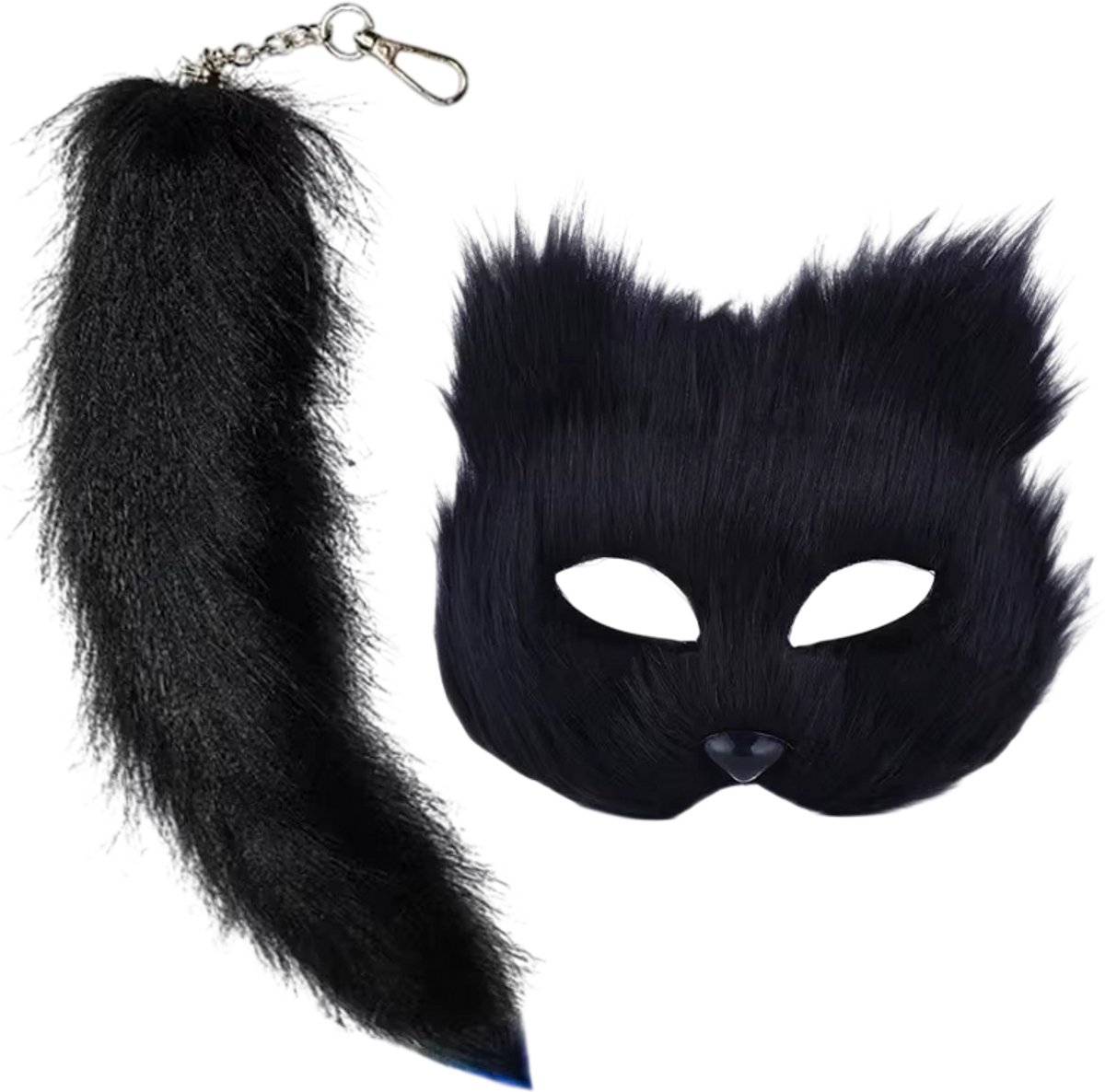 Vos Wolf Cosplay Set – Harige Kattenstaart en Halfgezicht Masker met Sleutelhanger voor Feest, Festival en Maskerade - Zwart