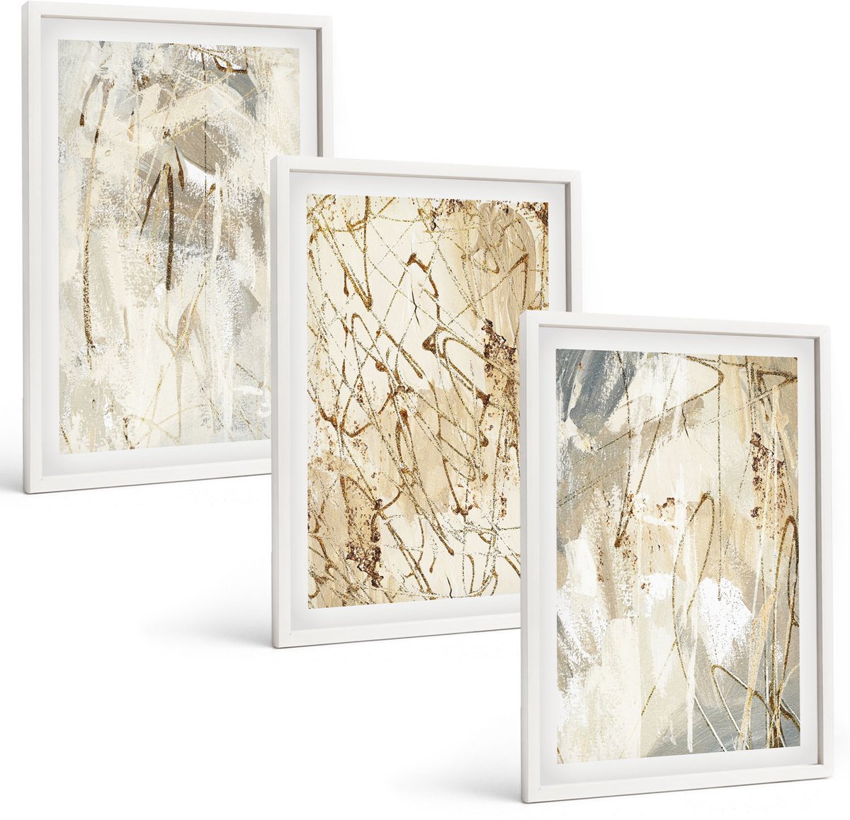 Wallfluent 3-Delige Schilderij Set - Abstracte Patronen In Beige En Grijze Tinten. - 40 x 60 - Decoratieve Muurdecoratie - Slaapkamer - Interieur Decoratie
