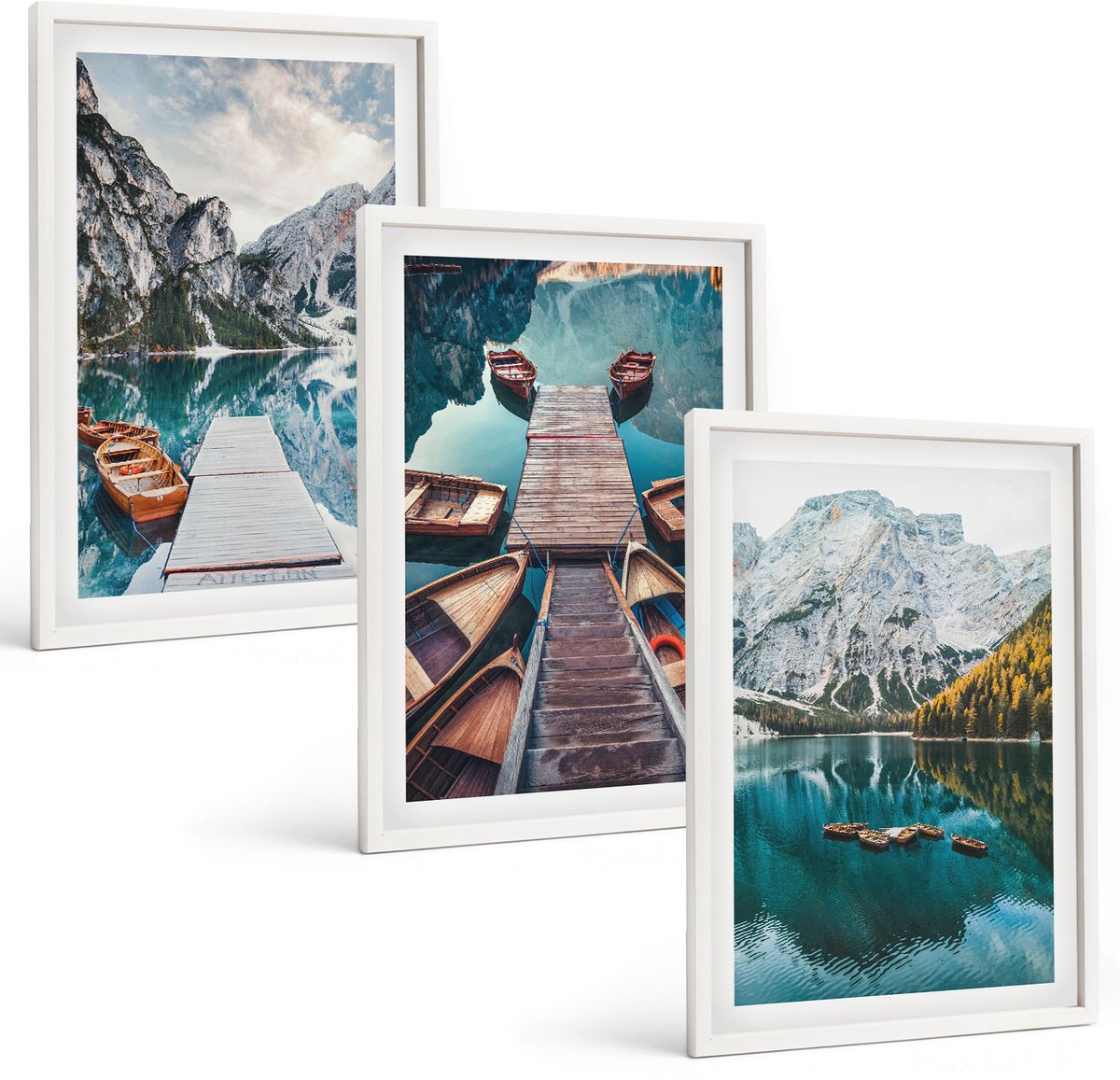 Wallfluent 3-Delige Schilderij Set - Meer Met Houten Steigers En Bergen - 40 x 60 - Decoratieve Schilderijen - Wanddecoratie - Hal - Muurdecoratie