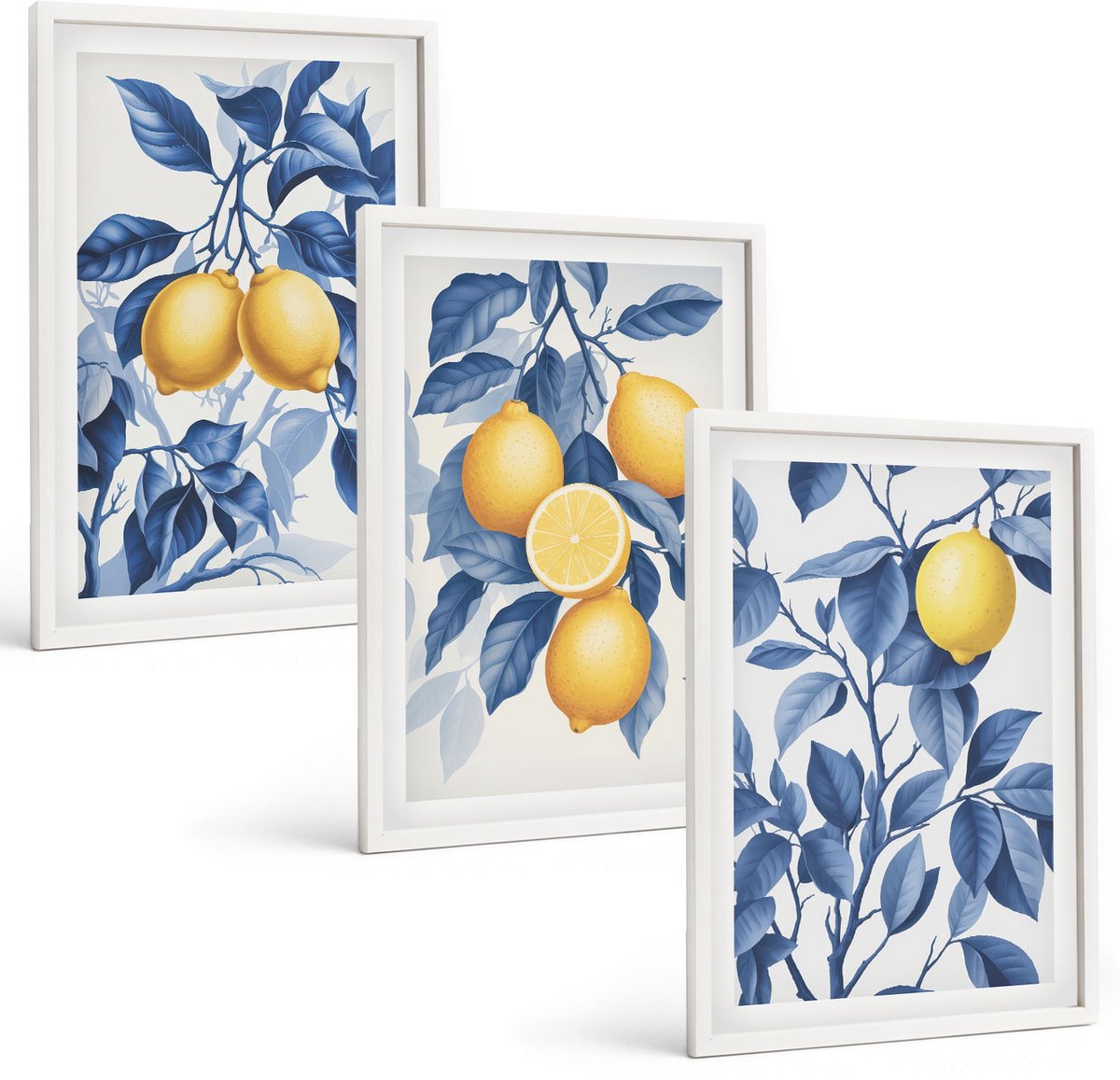 Wallfluent 3-Delige Schilderij Set - Citroenen Aan Takken Met Blauwe Bladeren - 40 x 60 - Muurdecoratie - Interieur Decoratie - Decoratieve Schilderijen
